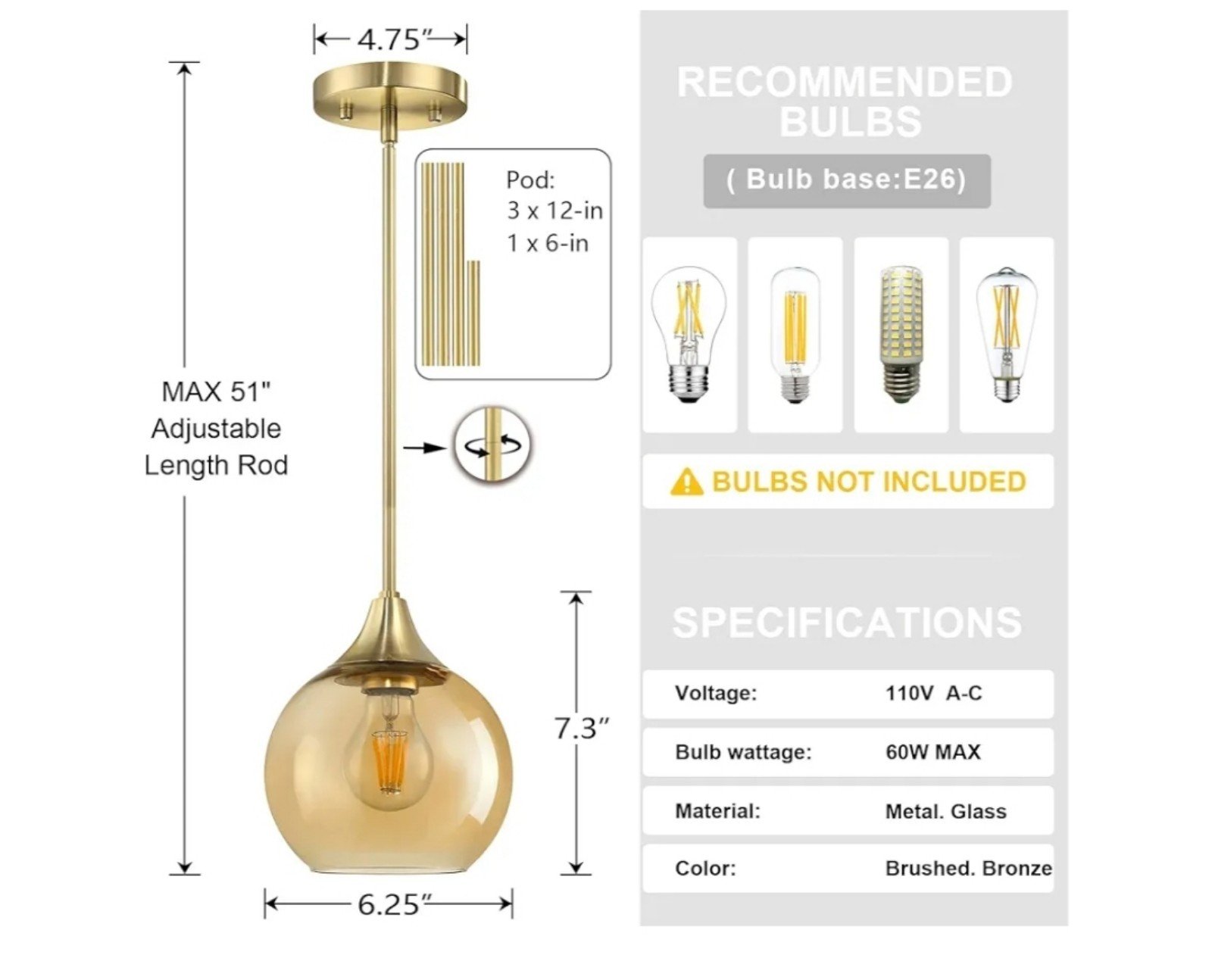 3 Pack 1 Light 6.25 Hanging Indoor Kitchen Island Pendant Ceiling Light Fixture