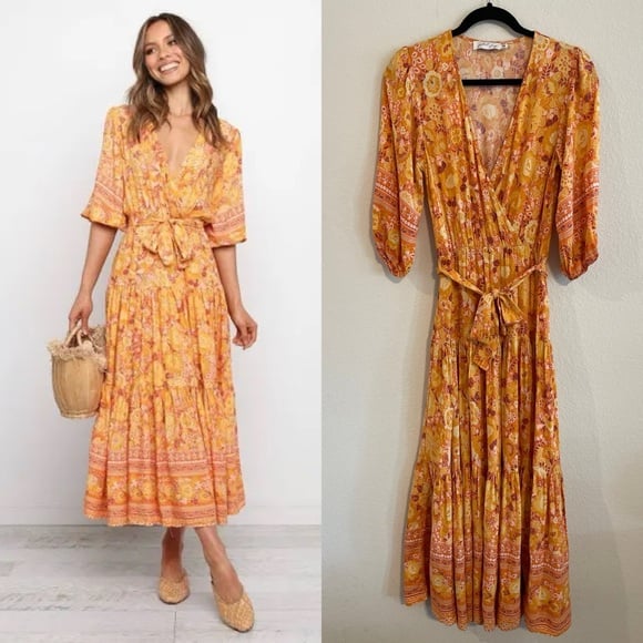 Petal & Pup Orange Zesty Floral Surplice V-Neck Tie Waist Tiered Midi Dress