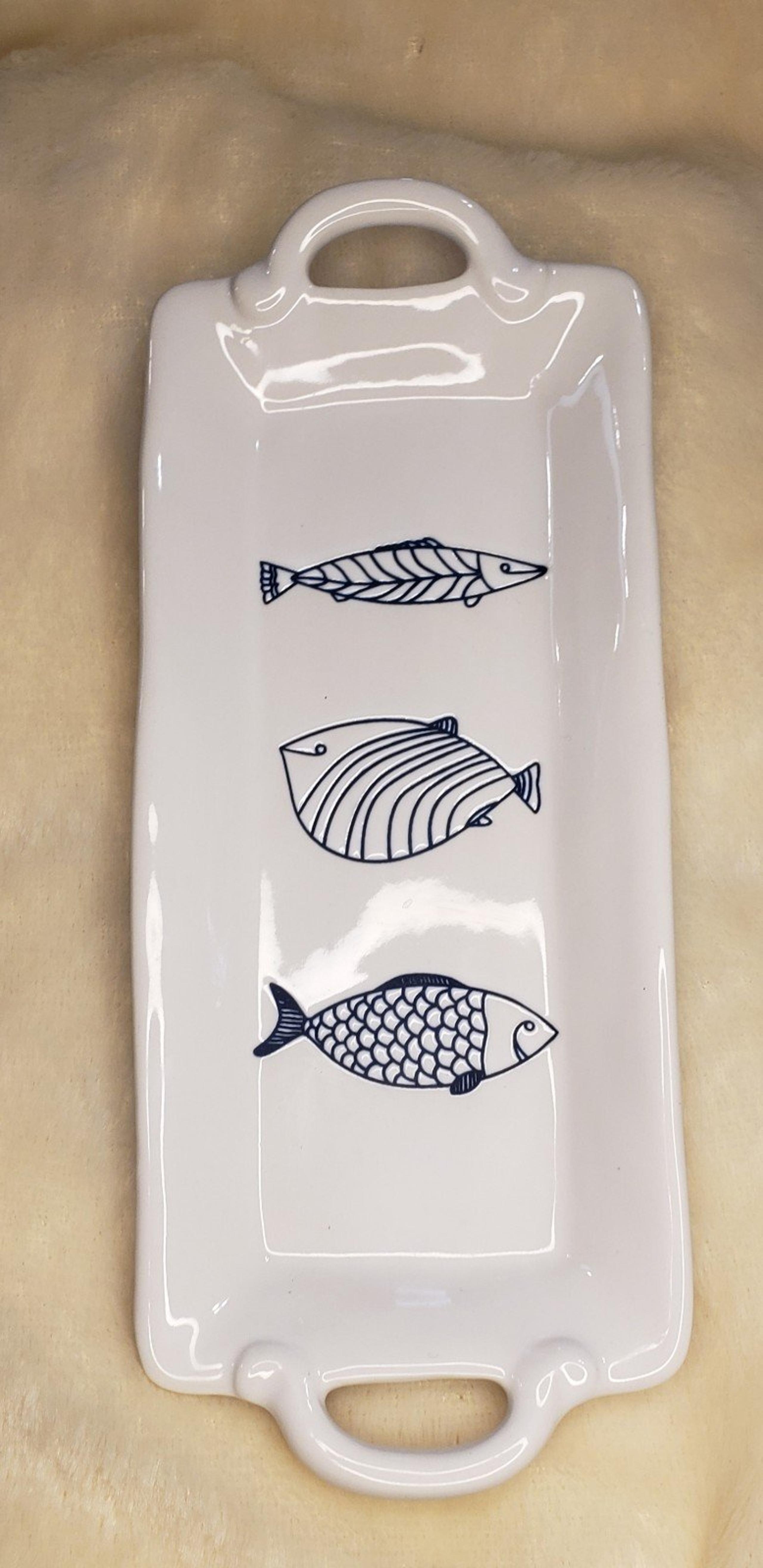 Pier 1 Stoneware Small Handled Blue & White Fish Hors d'oeuvre Platter
