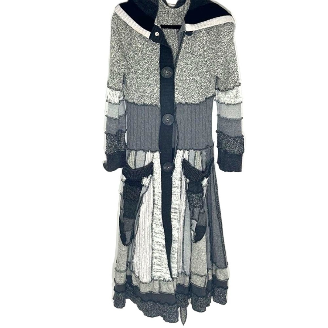 Hooded Spliced Patchwork Knit Sweater Boutique Black Gray