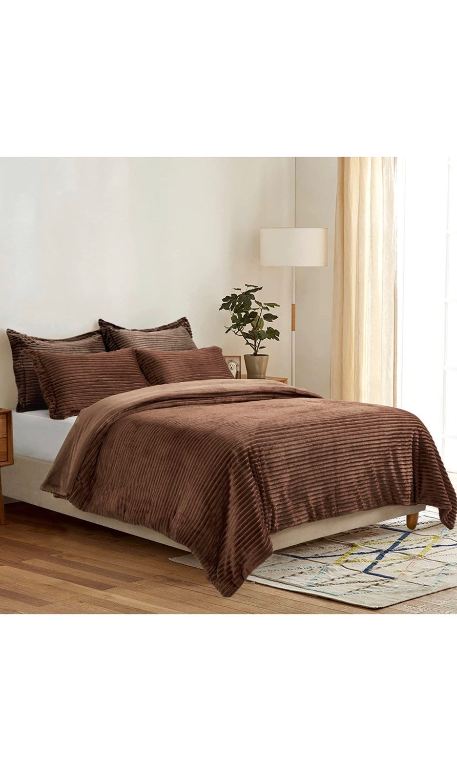Corduroy King Comforter Set- Polyester Corduroy Bedding Set, Brown Soft Warm Com