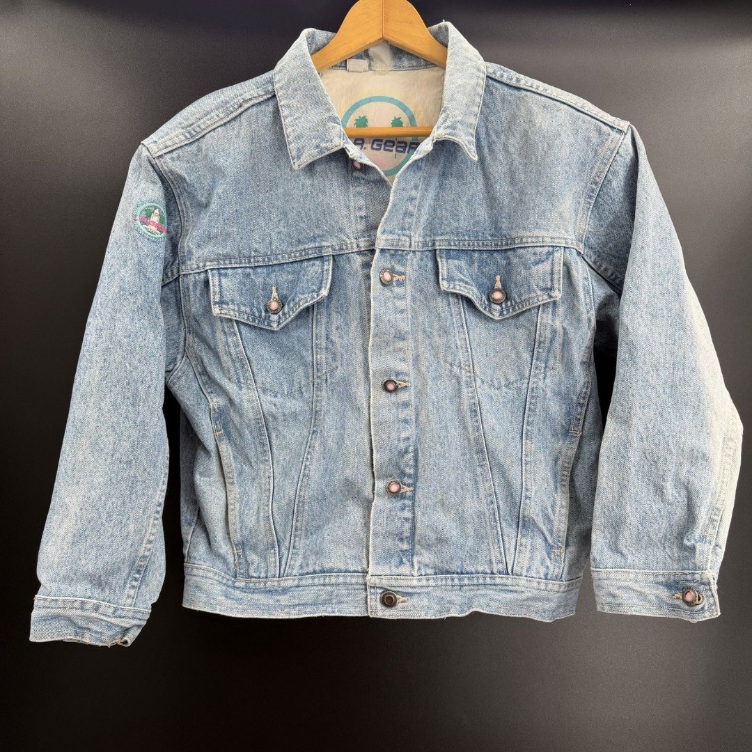 Vintage LA Gear Original Denim Jean Jacket Size Small Patches Gems Cropped