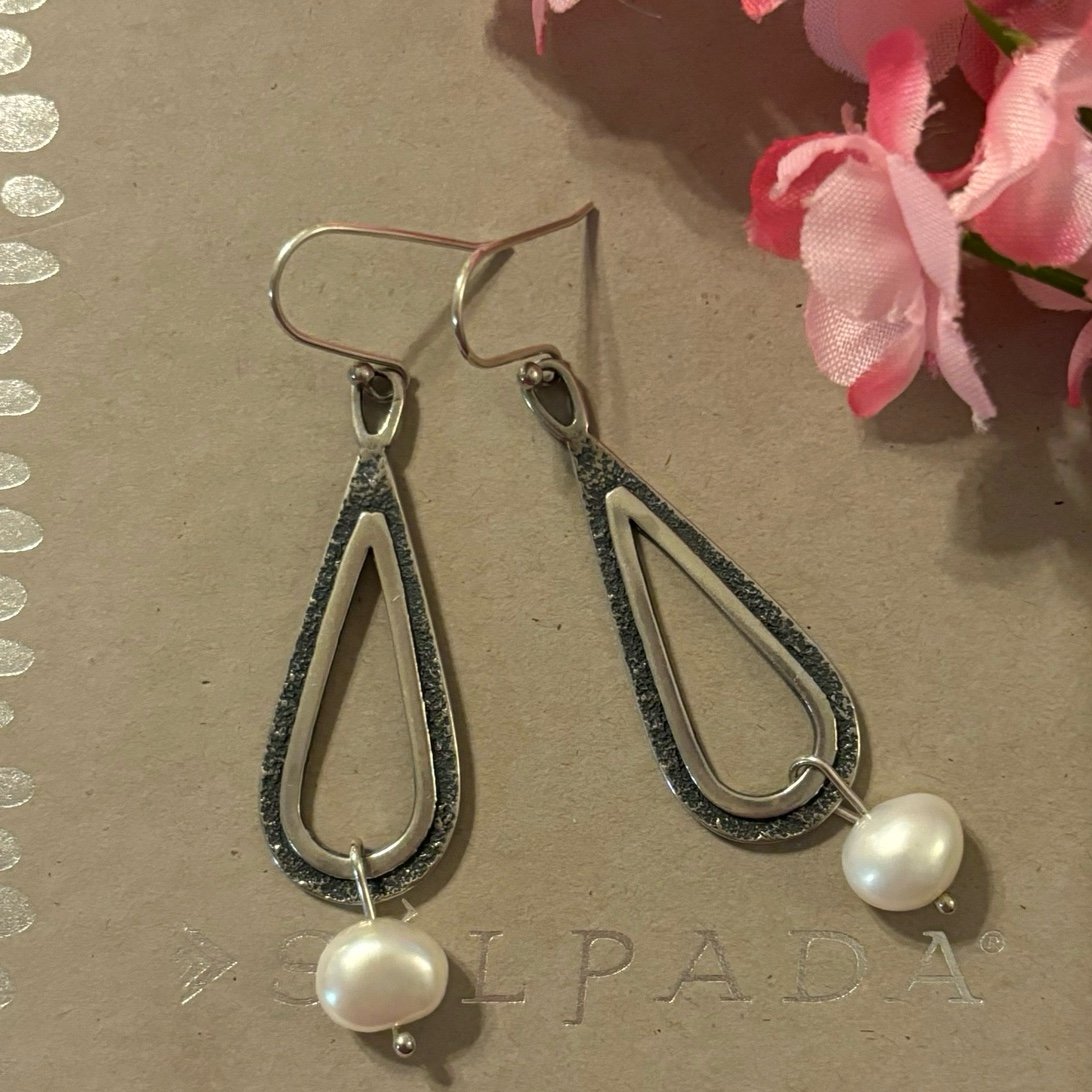 Silpada Pearl Dangle Sterling Silver Textured Earrings W1388
