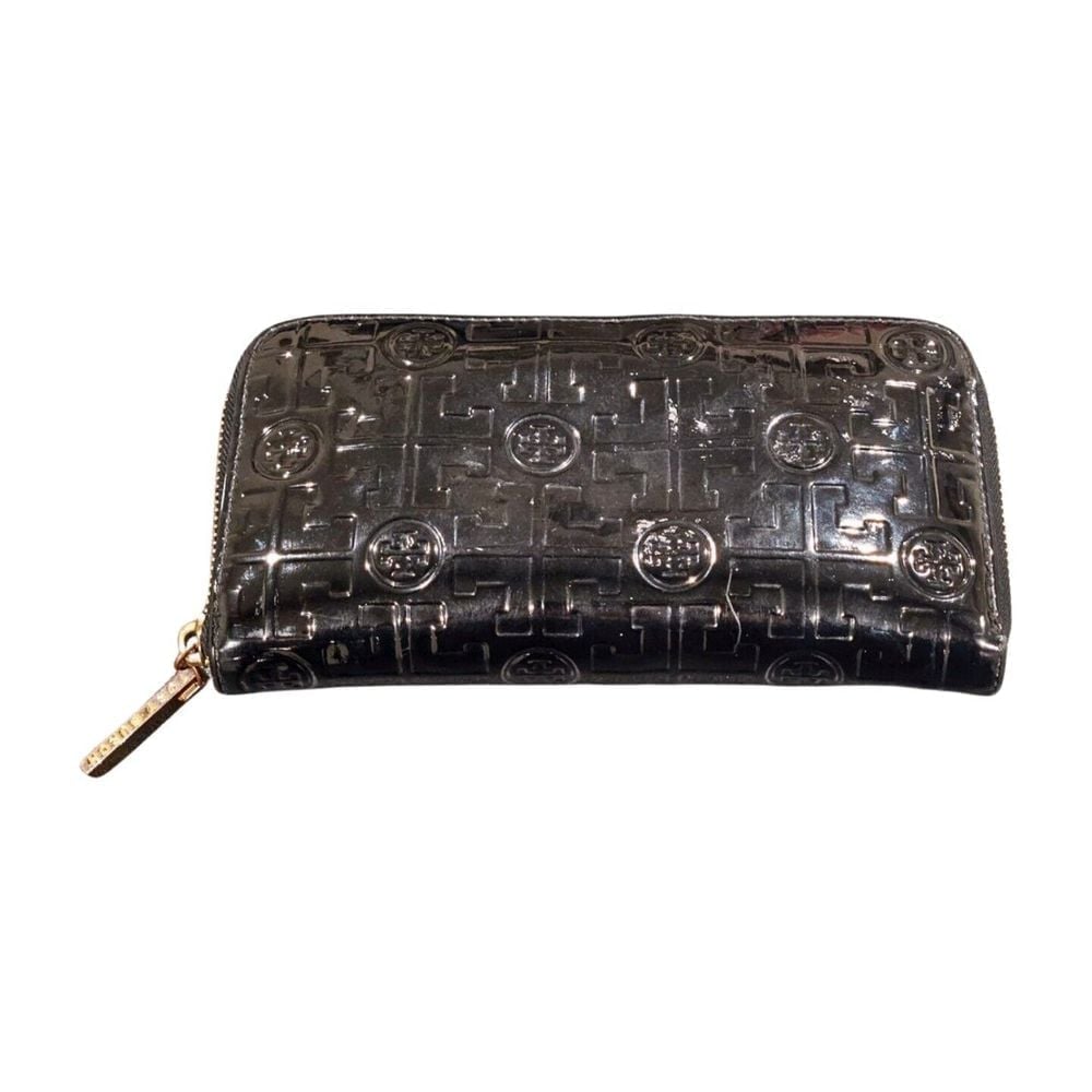 Tory Burch Patent Leather Black Continental Wallet Gold Hardware Zip Closure