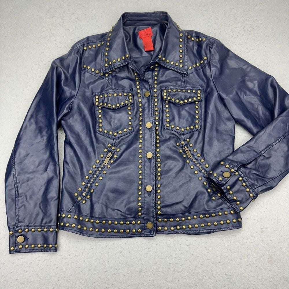 V Cristina Jacket Women's Large Polyurethane Blue Gold Studded 80s Moto