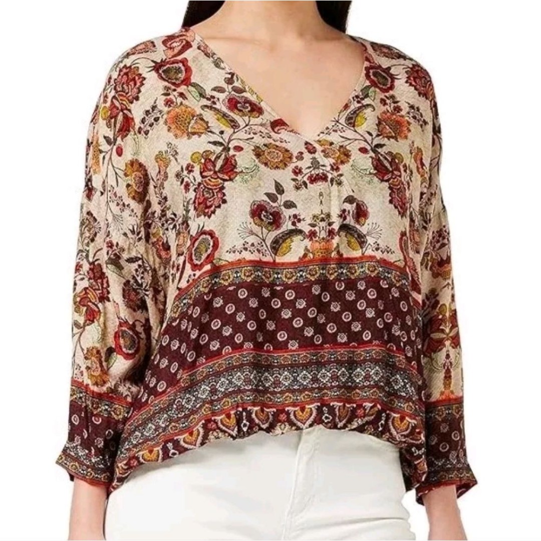 Desigual Blus Sena Boho Floral Print Elastic Waist Pullover Top size small