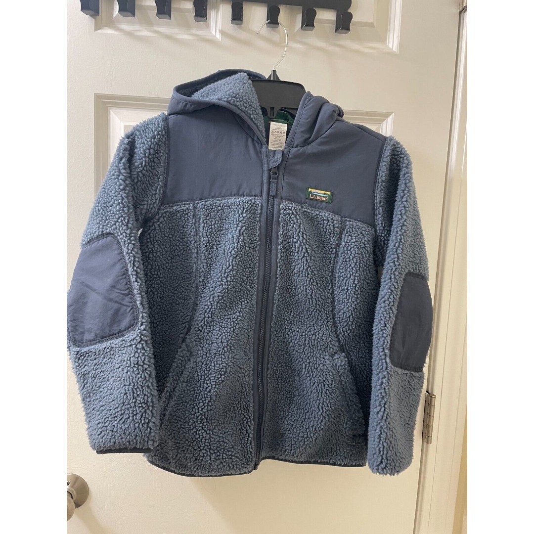 LL Bean Jacket Kids Navy Blue Sweater Fleece Hooded Full Zip M 10-12 Youth