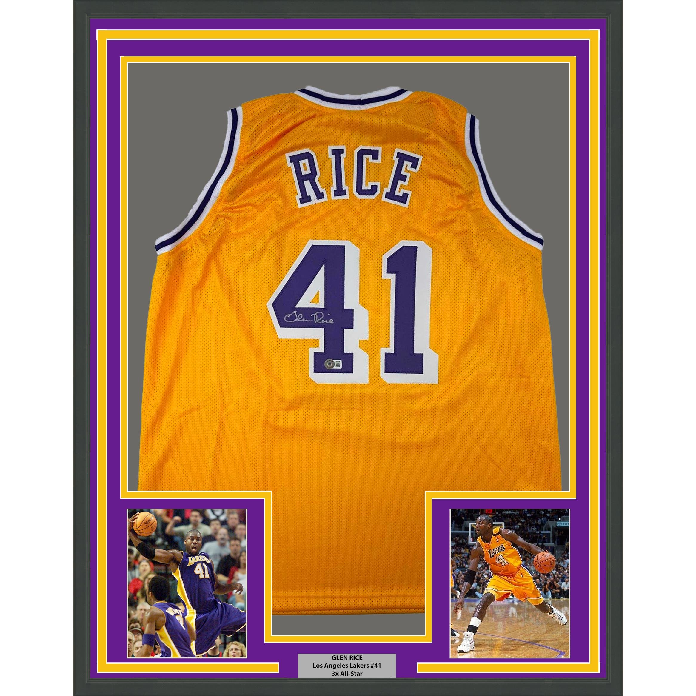 Framed Autographed/Signed Glen Rice 35x39 Los Angeles LA Yellow Jersey Beckett