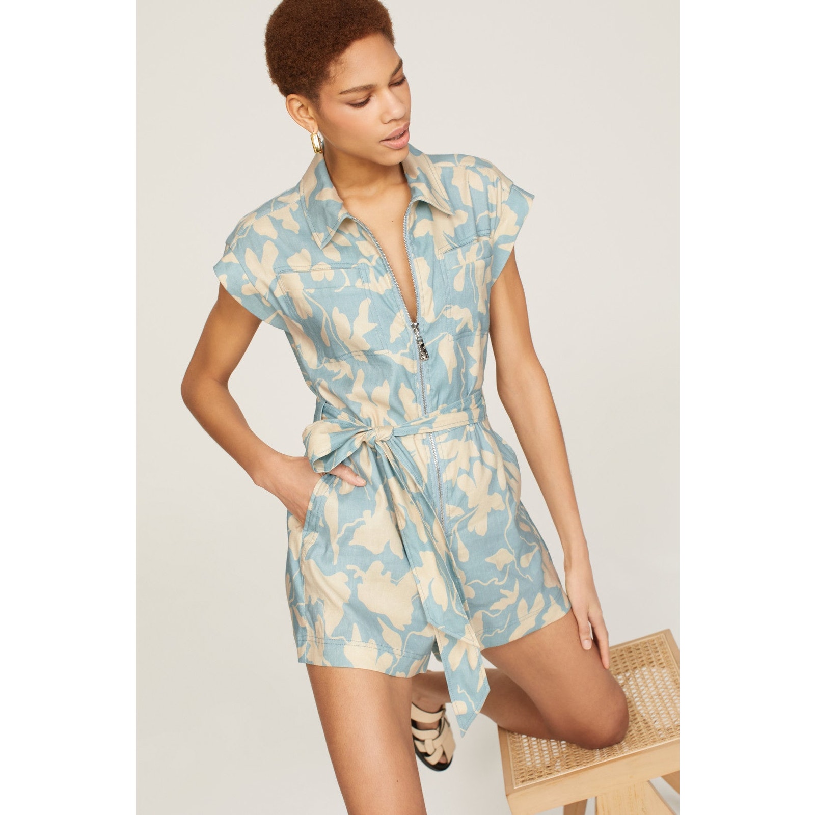 Tanya Taylor Skye Romper Blue Floral Collared Front Zip Linen Blend Sz XS