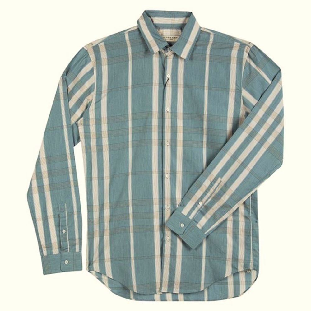 Burberry Cotton Silk Blend Long Sleeve Shirt Men's Large Blue Green Button Up