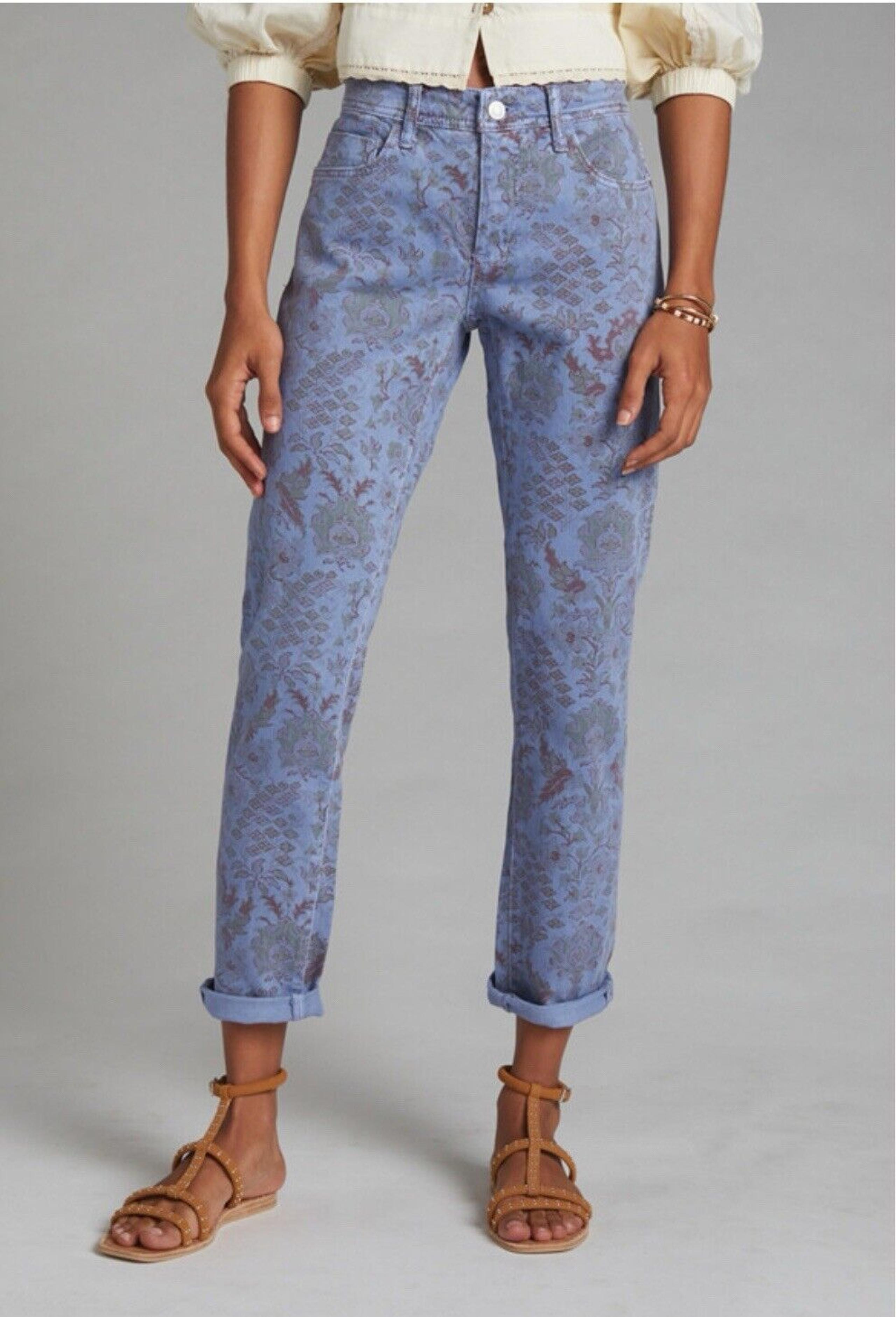 Pilcro Anthropologie Slim Boyfriend Denim Blue Jean Tapestry Print Women’s Sz