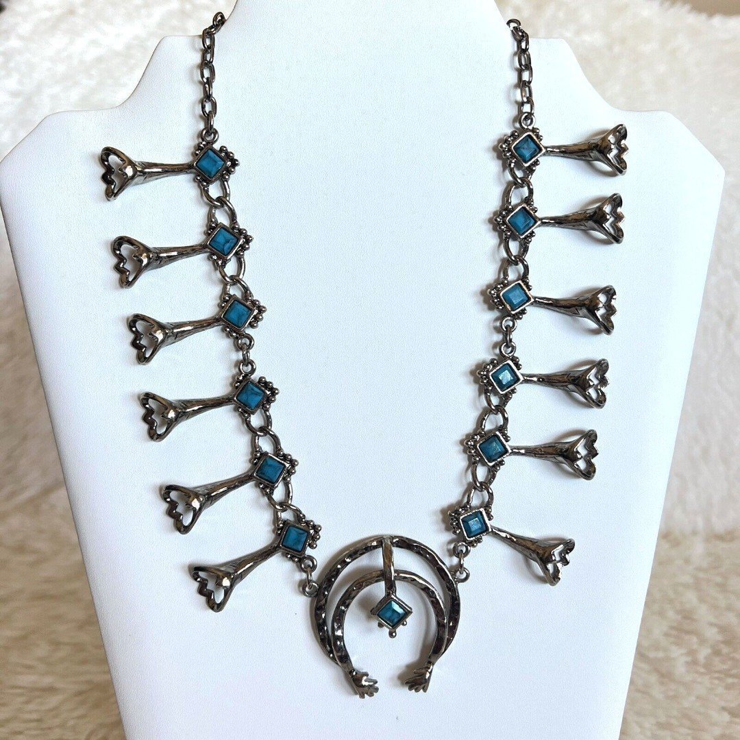 Vintage 70s Silver-Tone Squash Blossom Necklace Replica with Faux Turquoise 20in