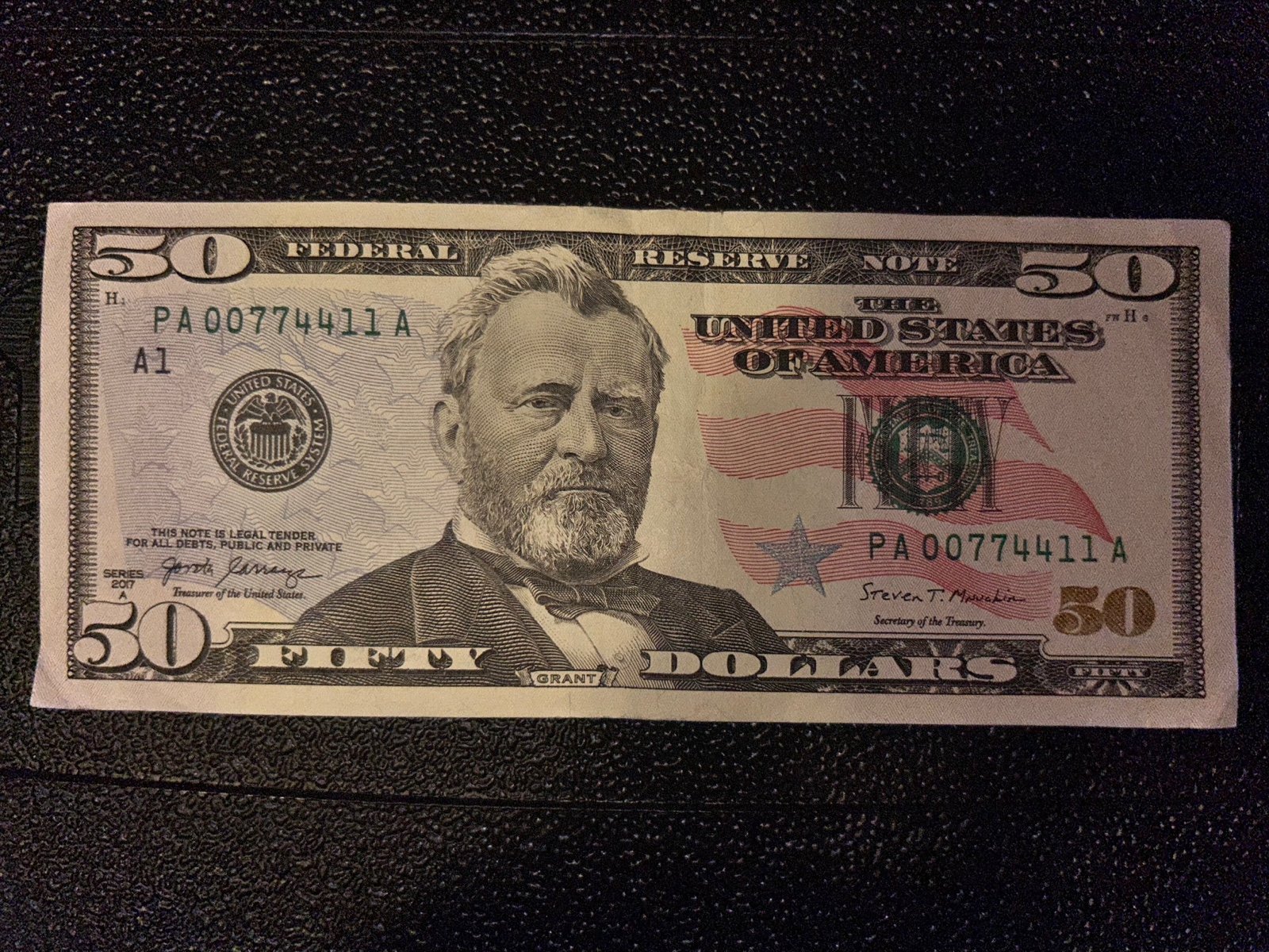 Rare Great Condition 50 US Currency Note With Fancy Serial Number PA 00774411 A