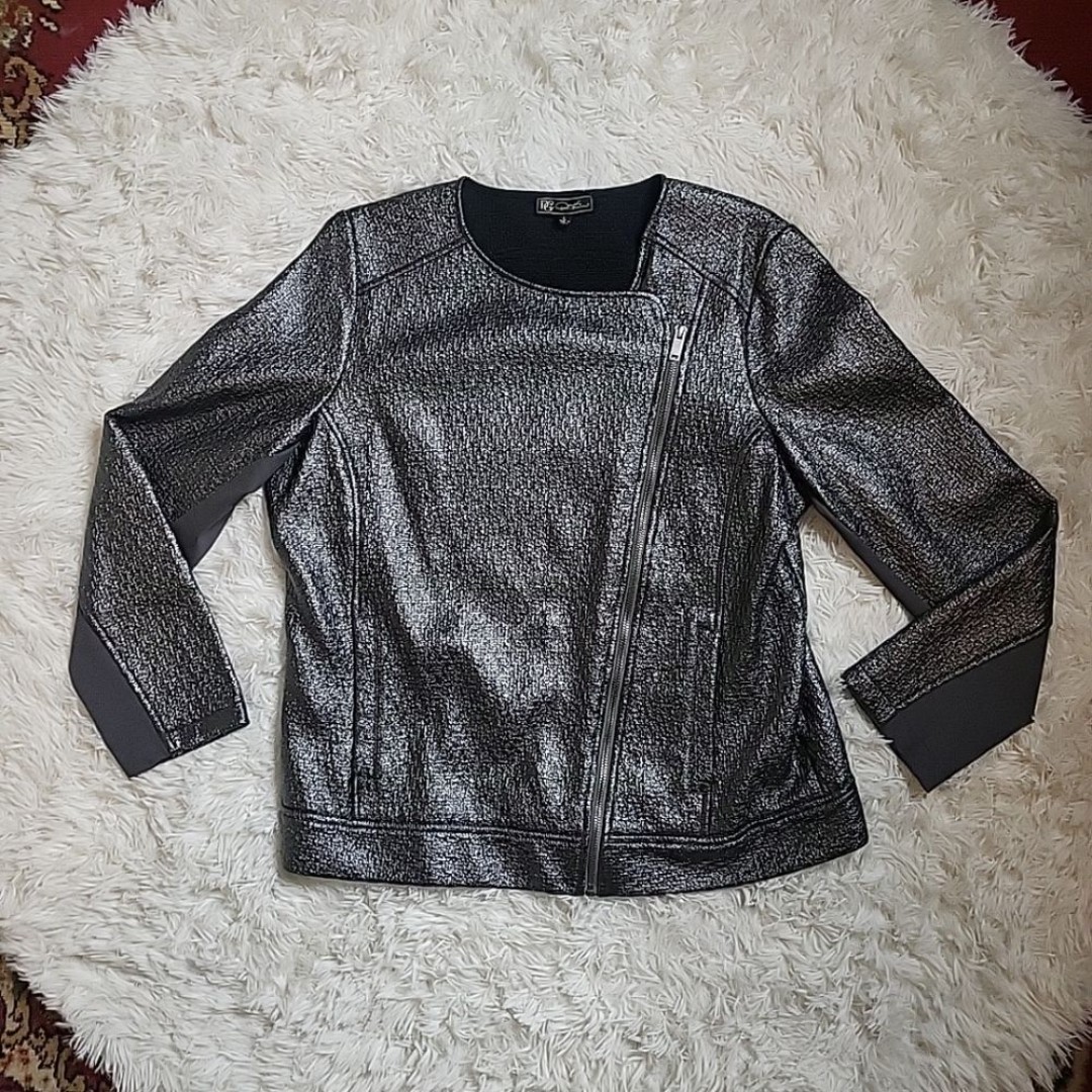 DG2 by Diane Gilman Metallic Asymmetrical Zip Up Moto Jacket - Mixed Material L