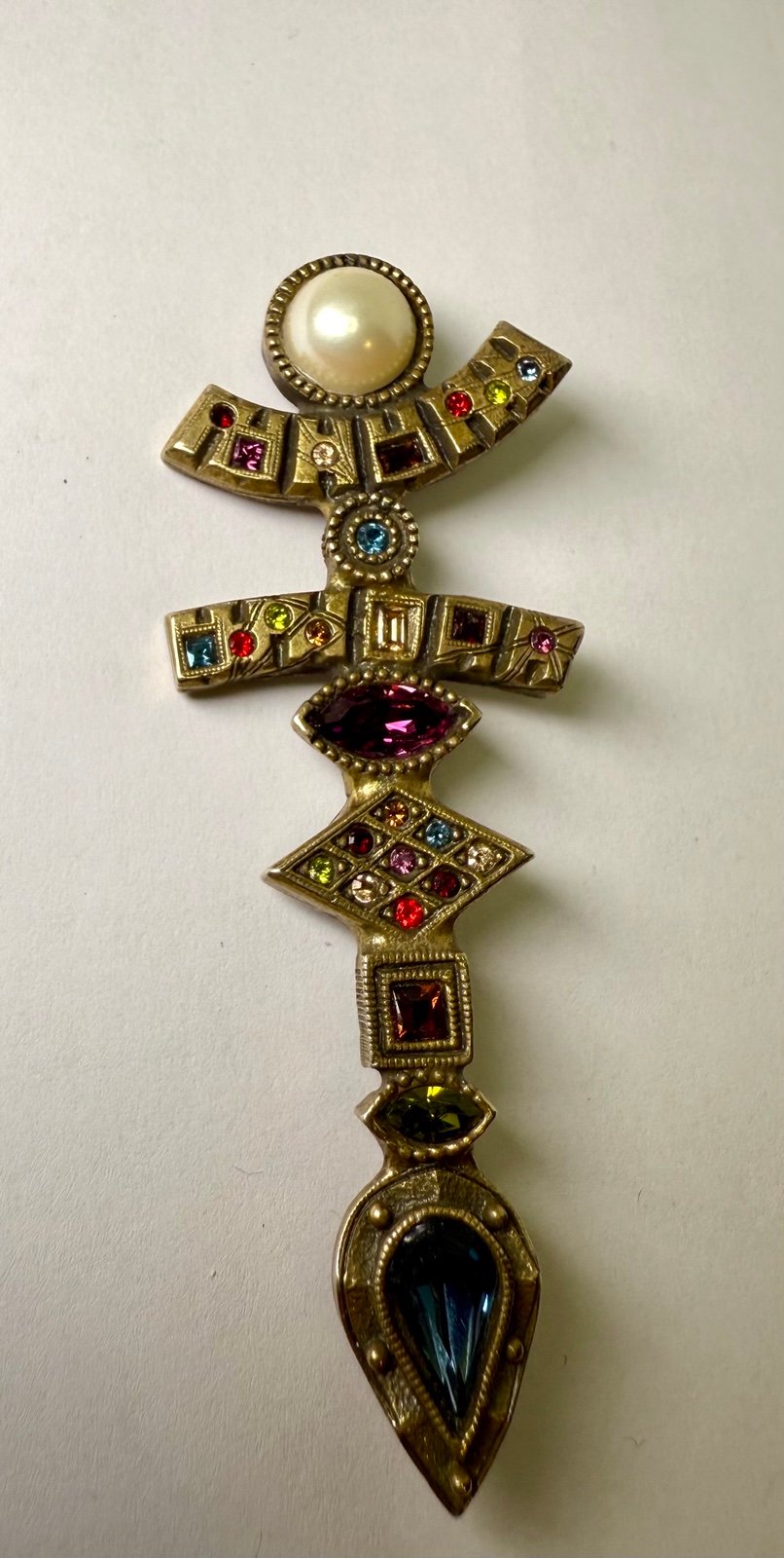 Vintage Modernist Brooch Pin with Faux Pearl & Multicolor Rhinestones