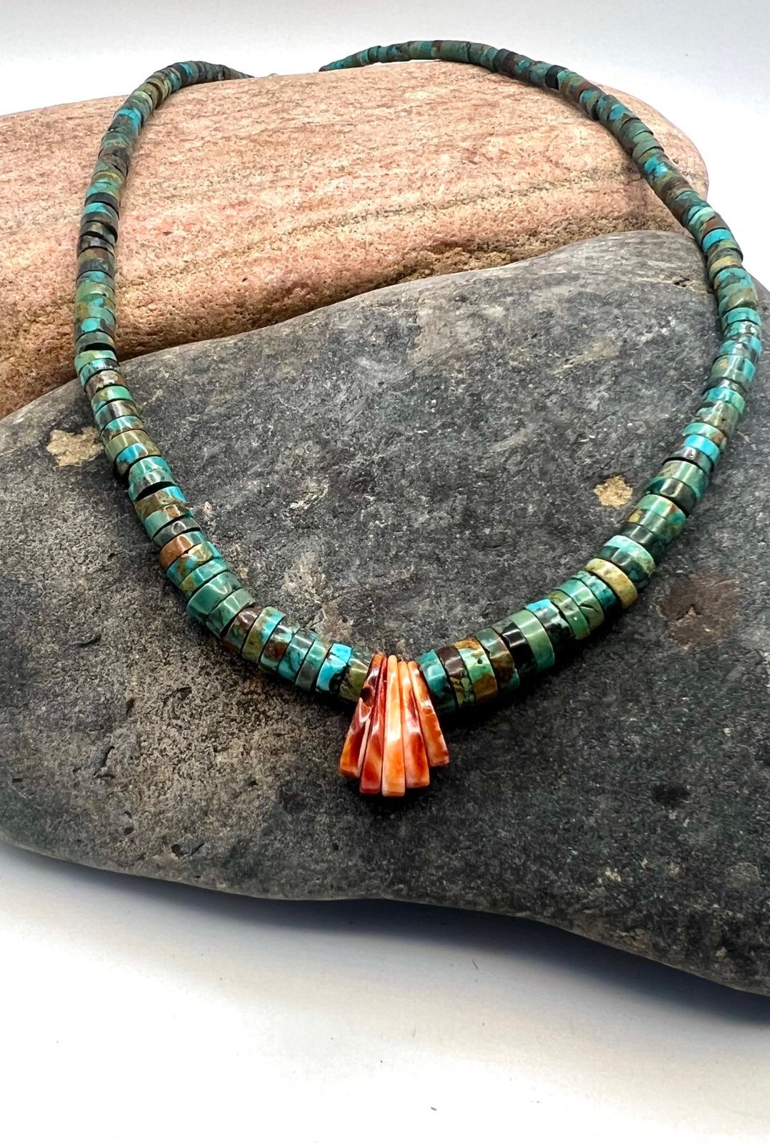 Santo Domingo Sterling Turquoise Spiny Oyster Heishi Beaded Jacla Necklace