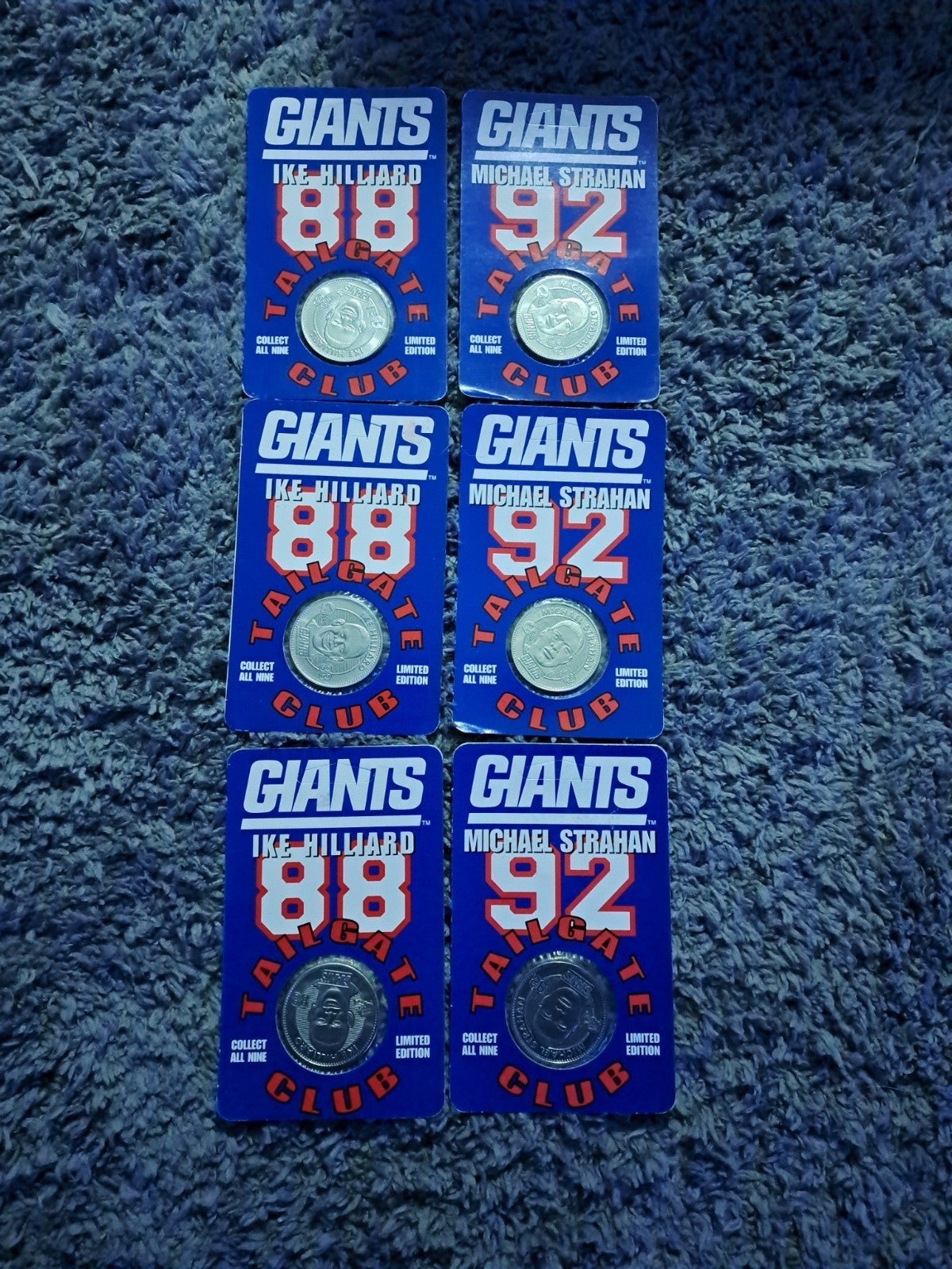 1998 limited edition tailgate club NY Giants collector coins, 3 sets of 2