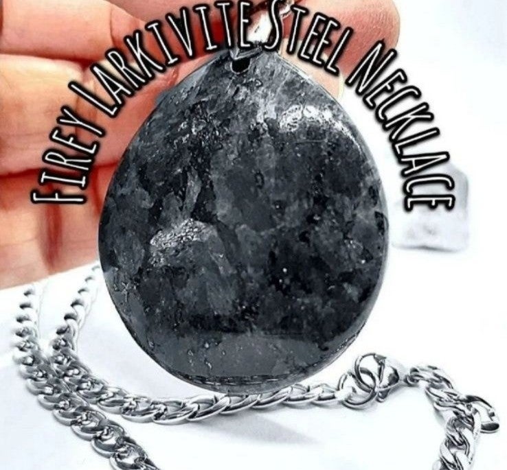 STRIKING LARGE BLACK MOONSTONE(LARKIVITE)STEEL CUBAN CURB CHAIN NECKLACE