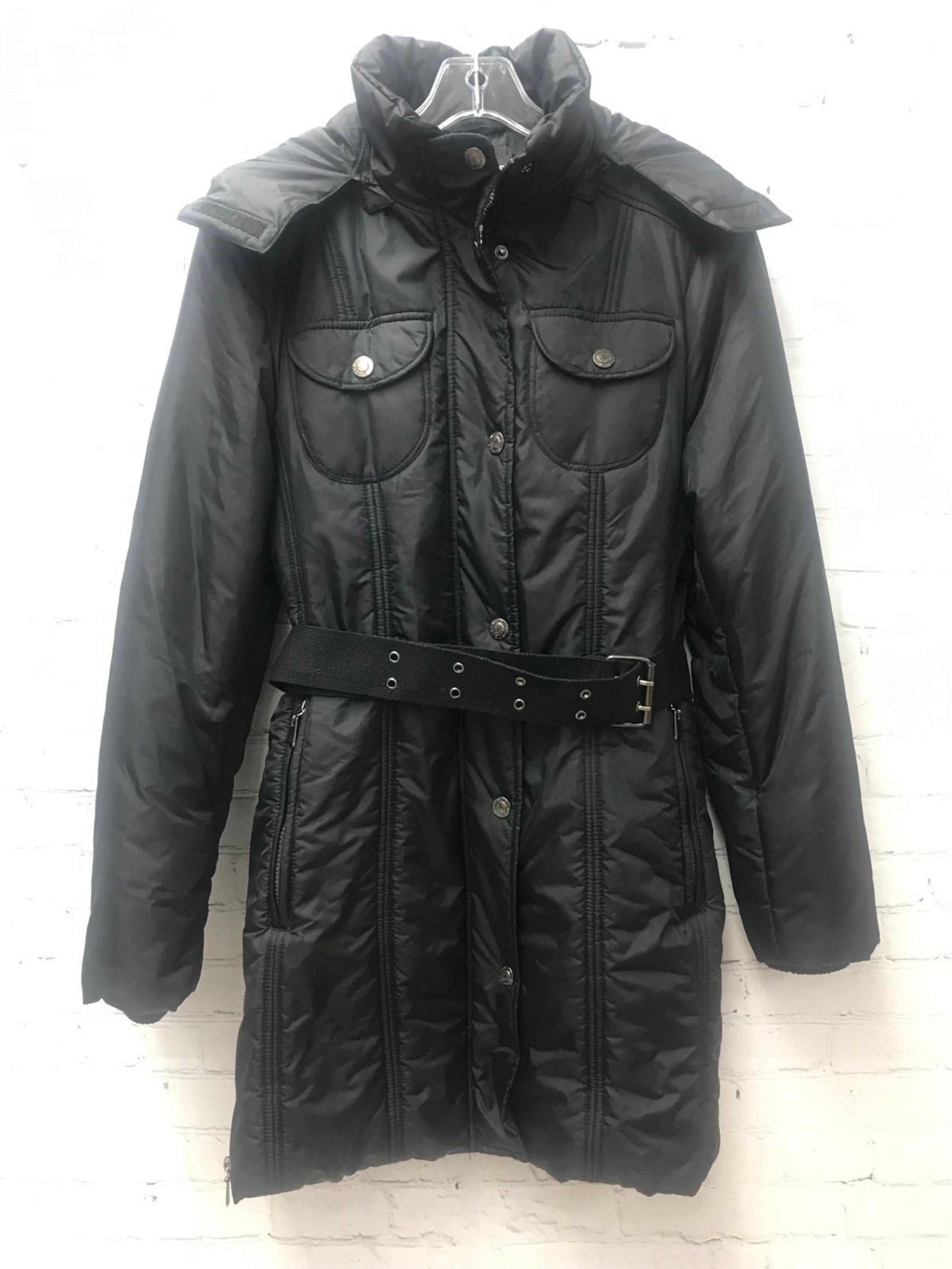 Ana Black Puffer Removable Hooded Coat Jacket Belt Pockets Size Small