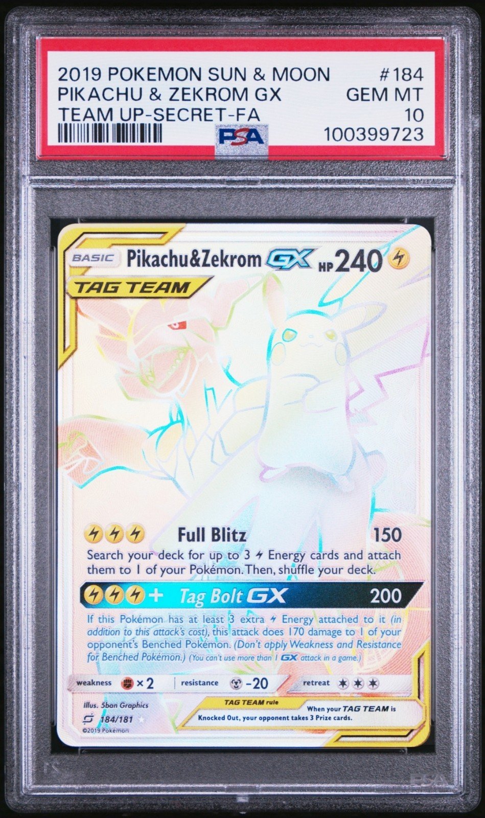 PSA 10 pikachu & zekrom 184/181 #184 pokemon team up tag team equ. BGS 10 CGC 10