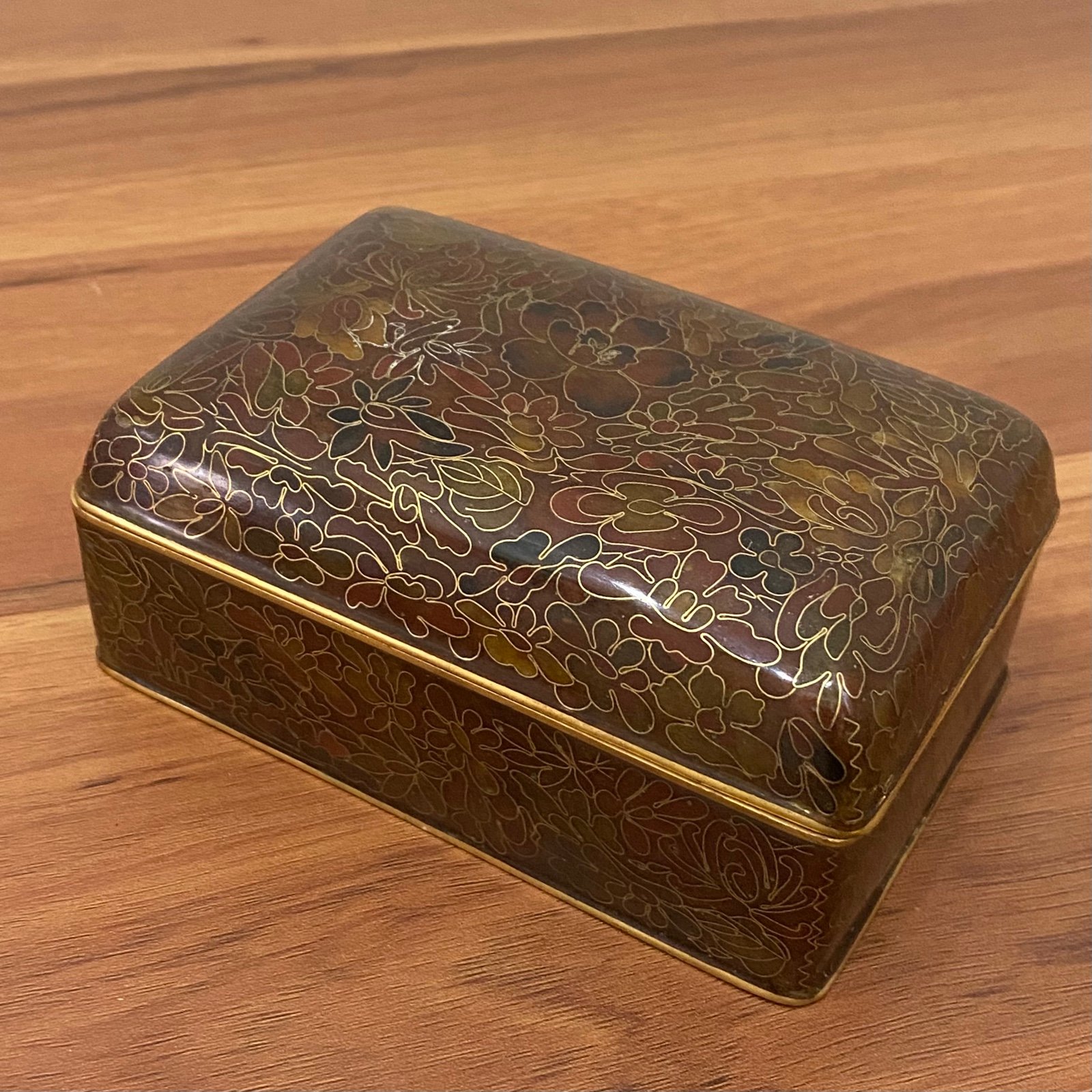Vintage Chinese Cloisonne Brown Enamel Floral Cigarette Box Hinged Trinket Box