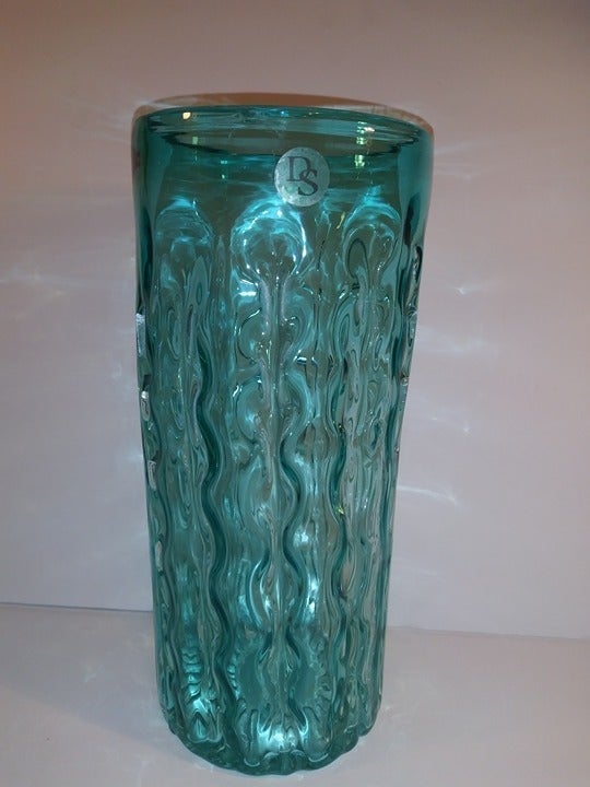 Tall Wavy Style Ocean Color D & S Aqua/Blue-Green Blown Thick Glass Vase -Marked