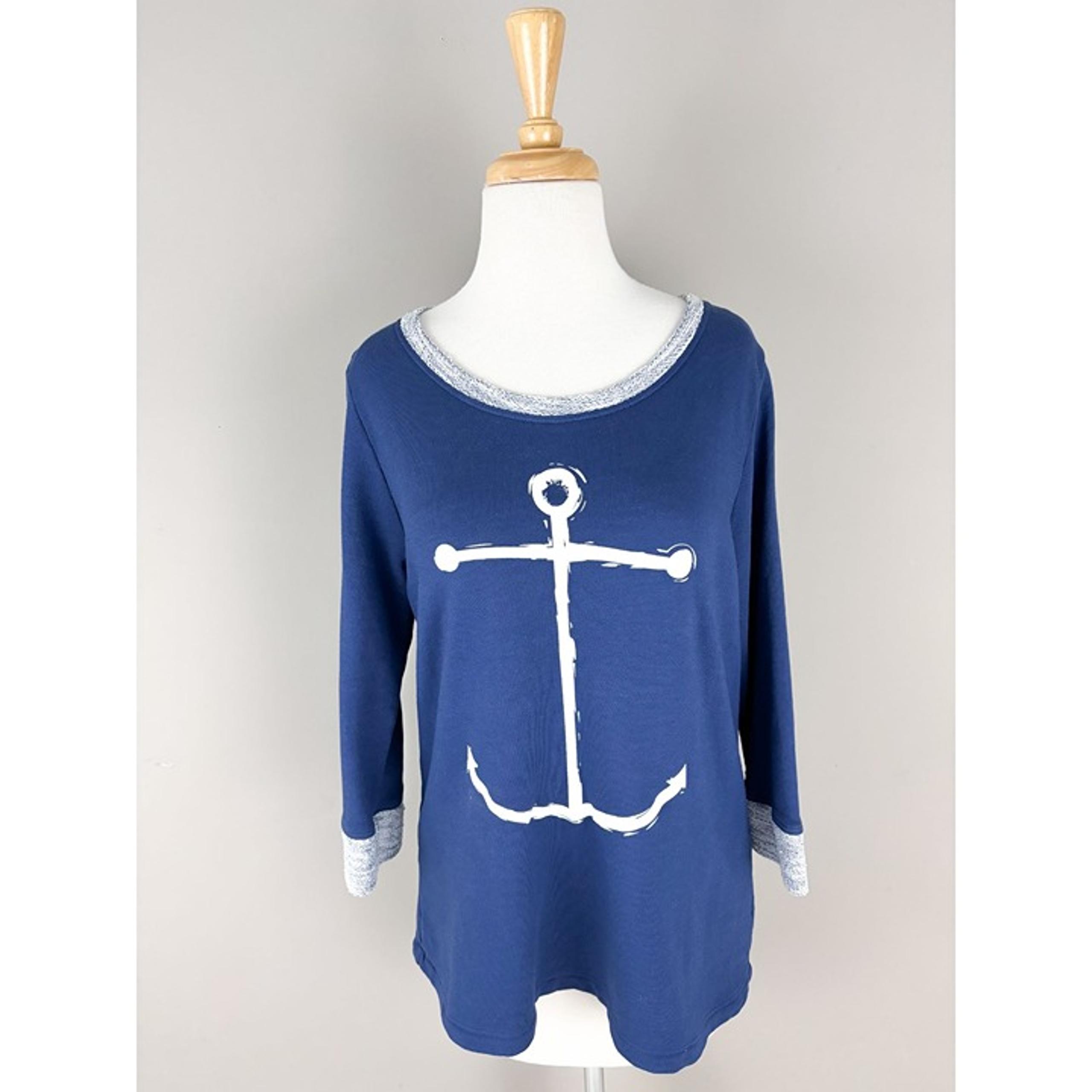 Fresh Produce Blue Nautical Anchor Terry Cotton 3/4 Sleeve Coastal Pullover