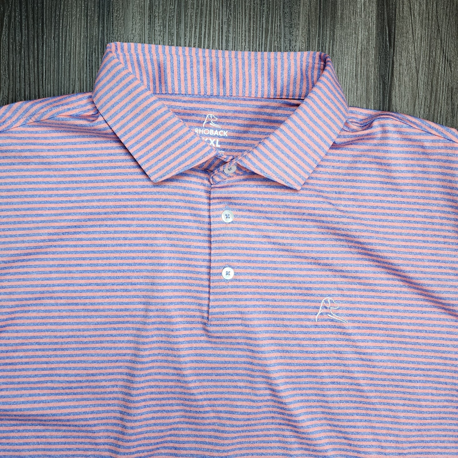 Rhoback Shirt Mens XXL Polo Orange Blue Striped Short Sleeve Collared Golf Dog