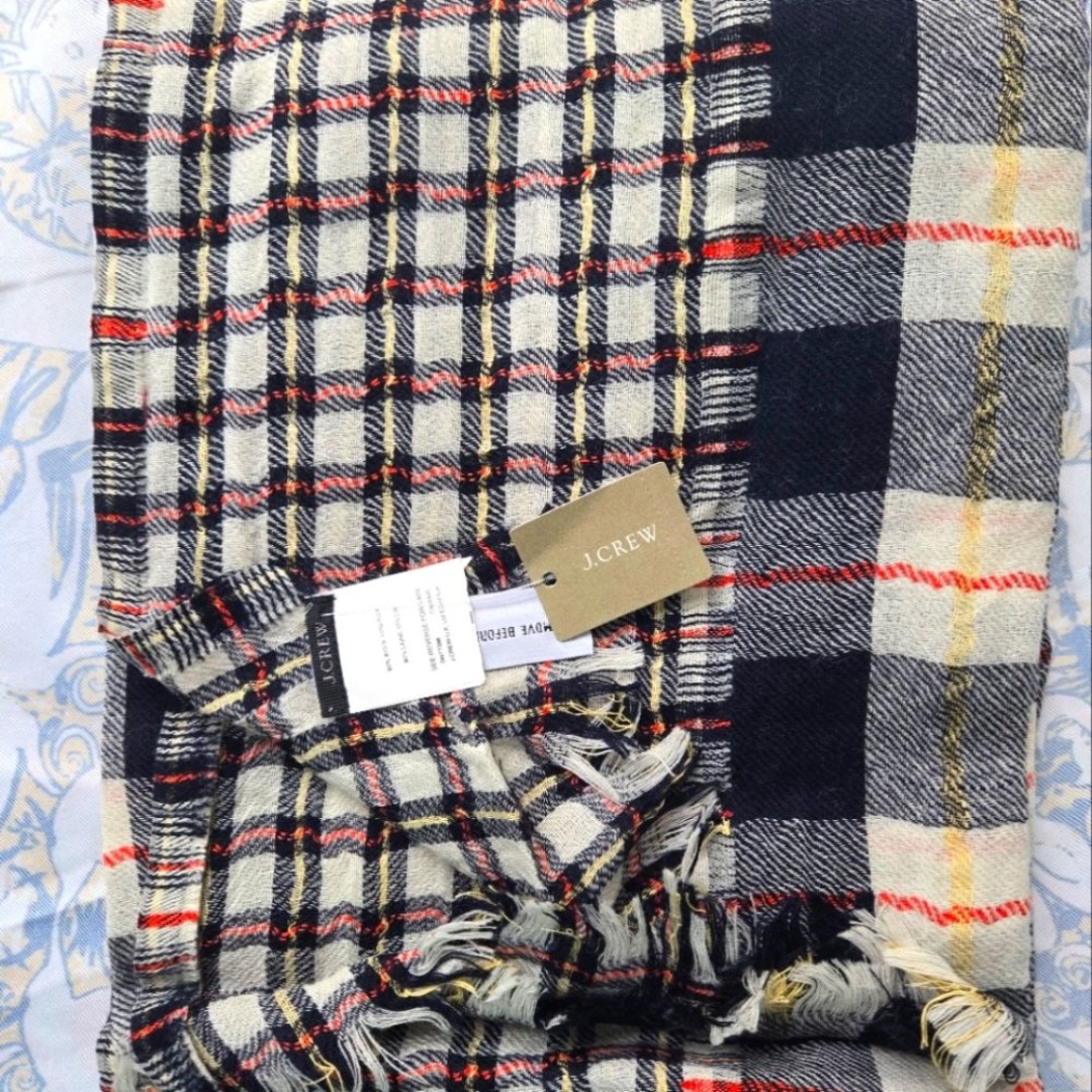 NWT J.Crew Wool Linen Blend Multiple Plaid Knit Scarf One Size