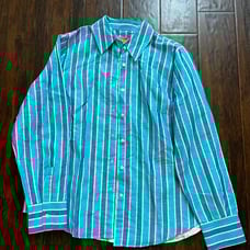 Womens Vilagallo Linen Collared Button Down Short with Stripes size 40 Large