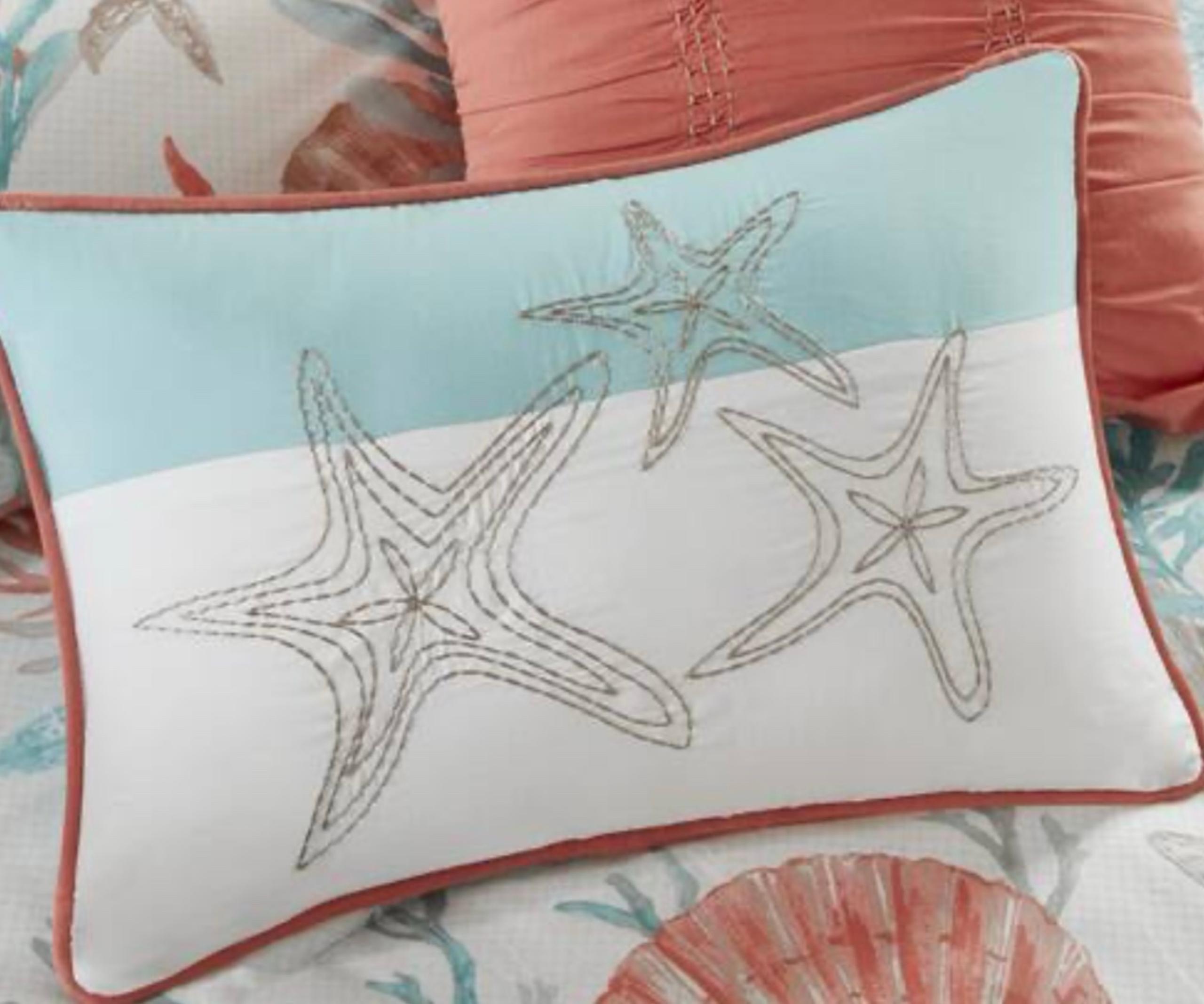 Madison Park Beach 12 X 18 Throw Pillow Embroidered Starfish Coral Aqua NEW