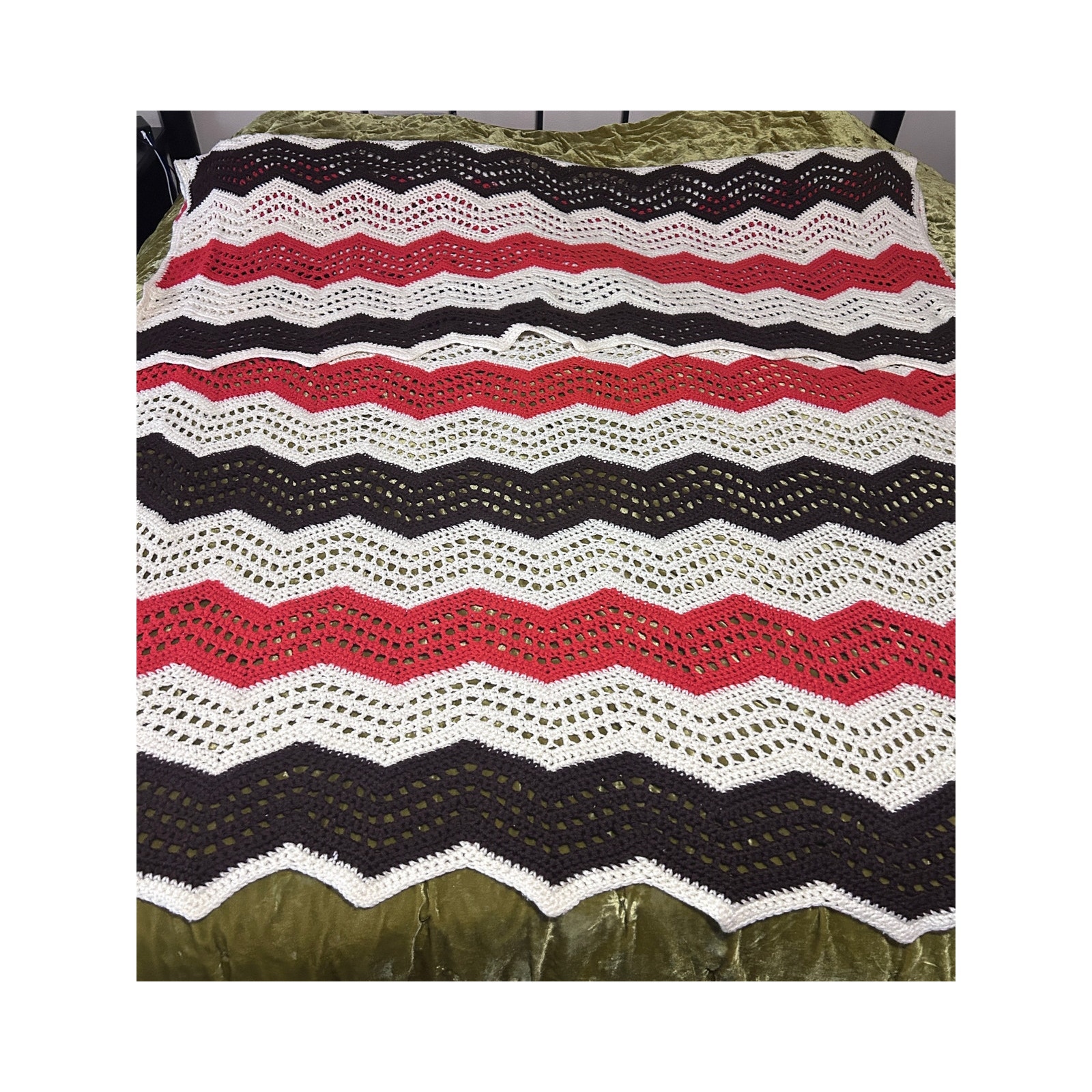 Knitted Handmade Multicolor Blanket Crochet Afghan Throw Homemade Zig Zag Brown