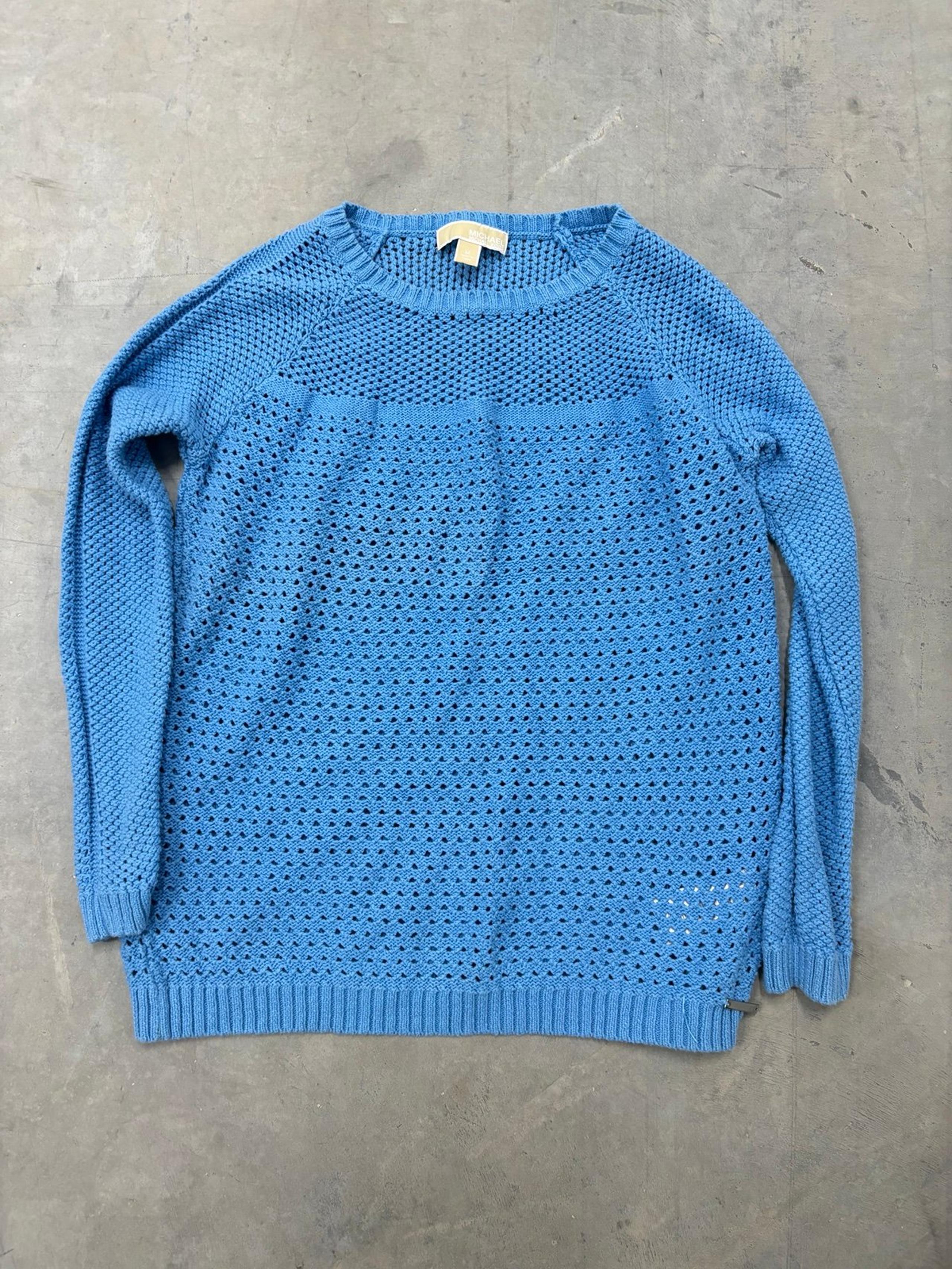 Michael Kors Cotton Crew Neck Crochet Pullover Sweater Top Blue Medium  $99