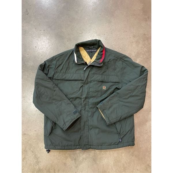 Vtg Tommy Hilfiger Down Green Bomber Utility Coat Jacket men's L Crest Flag Ski