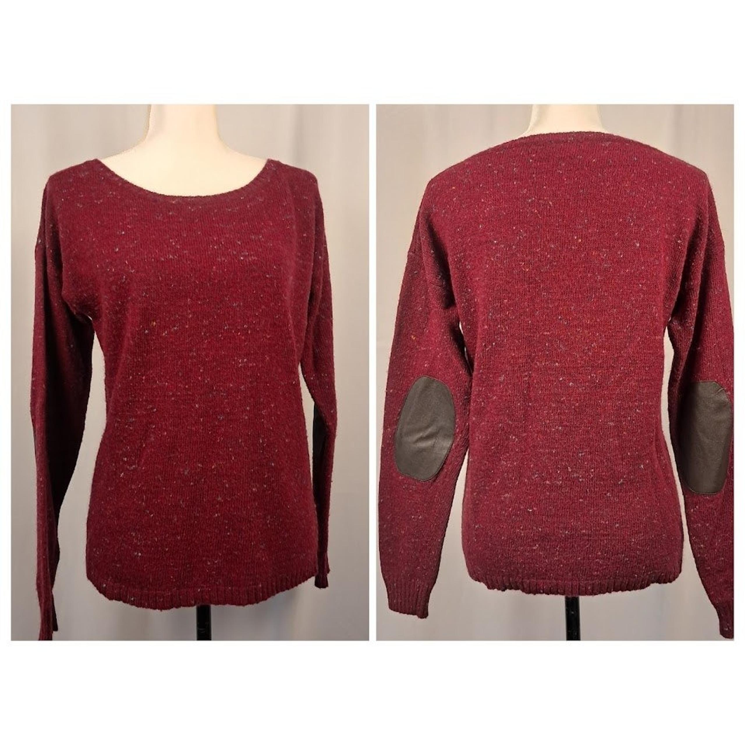 GARNET HILL S Dark Red Wool Alpaca Blend Tweed Sweater Elbow Patches Academic