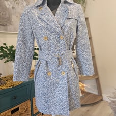 Michael Kors Blue and White Disty Floral Trench Coat.