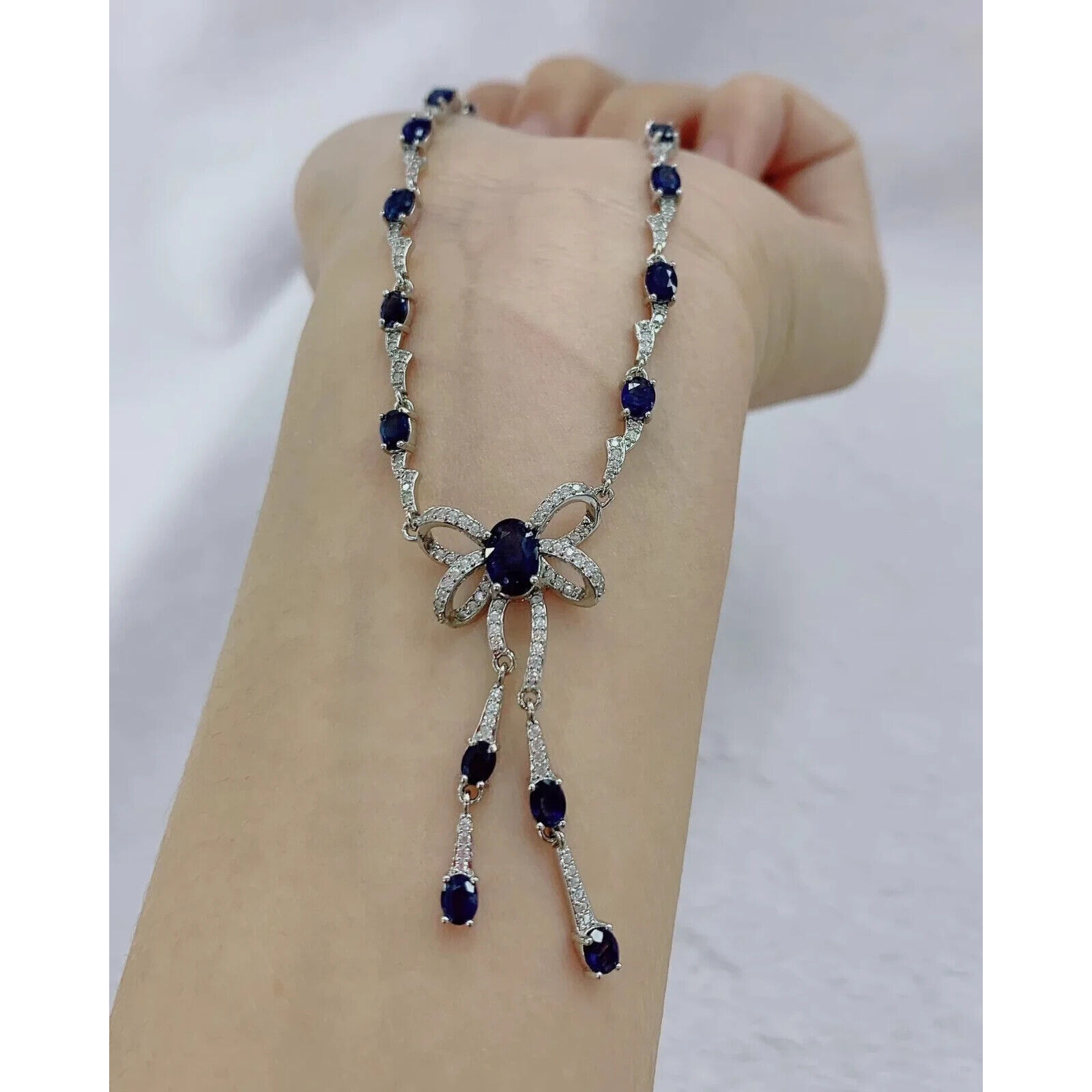 Sapphire Bowtie Statement Necklace, Women's Natural Sapphire Jewelry Sterling