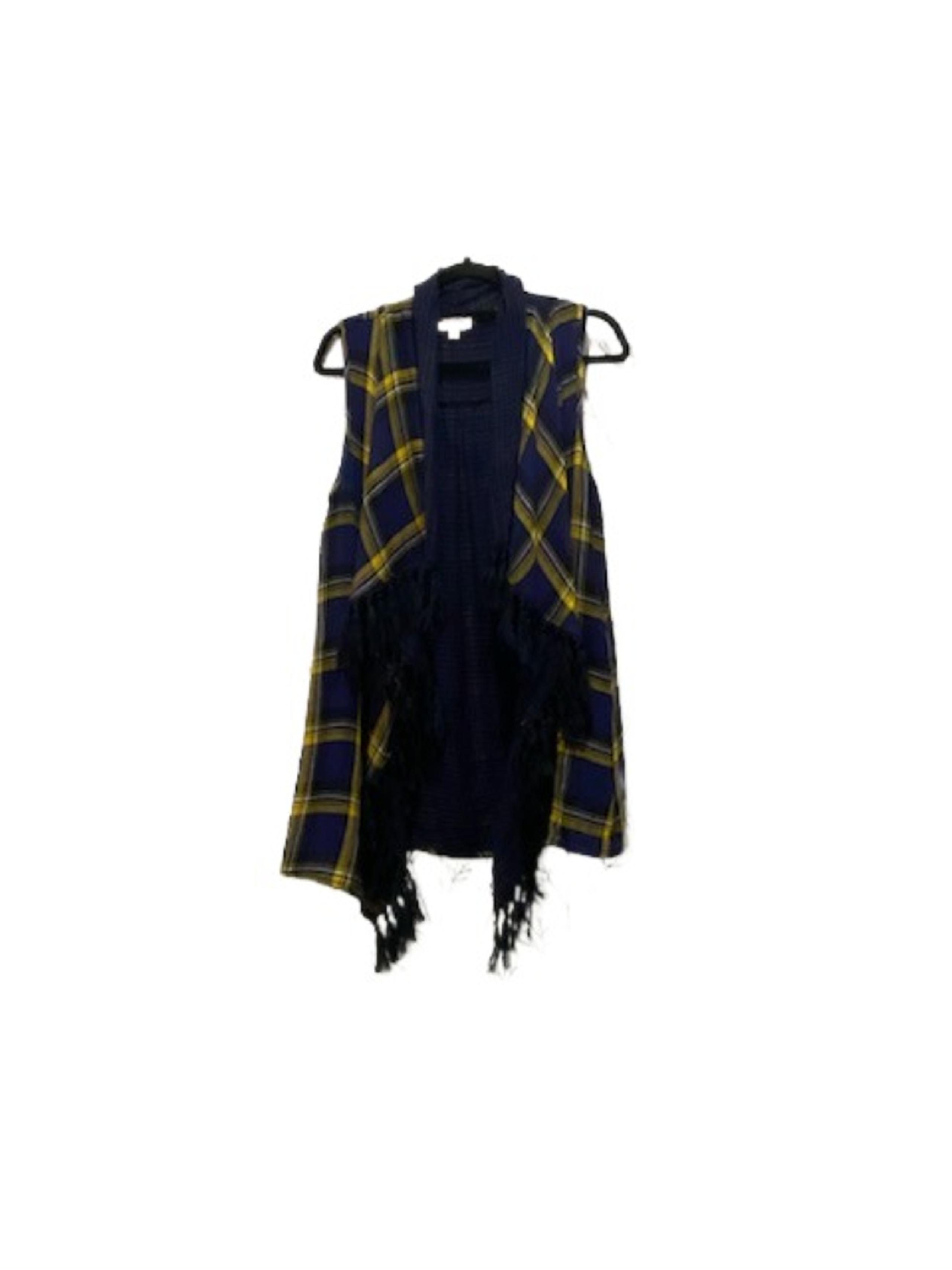 UMGEE Womens Size S Blue & Gold Plaid Fringe Vest Cascading Sides School Spirit