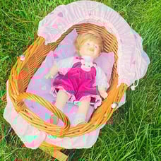 Beautiful Wicker Doll Pram with Heritage Mint Baby