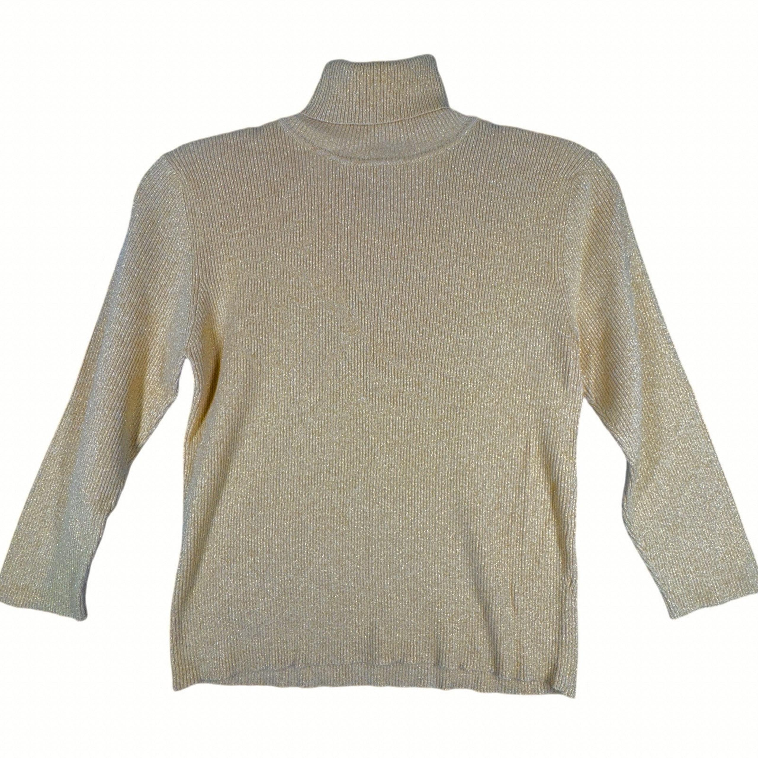 Garnet Hill Sweater Women Large Tan Gold Shimmer Turtleneck Y2K Preppy Vintage