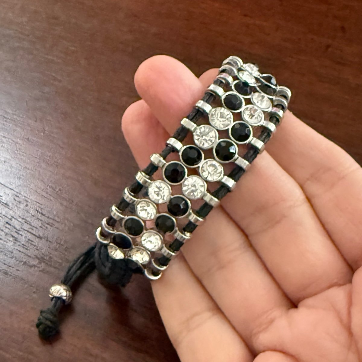 Elegant Black and Silver Rhinestone Beaded Woven Bracelet