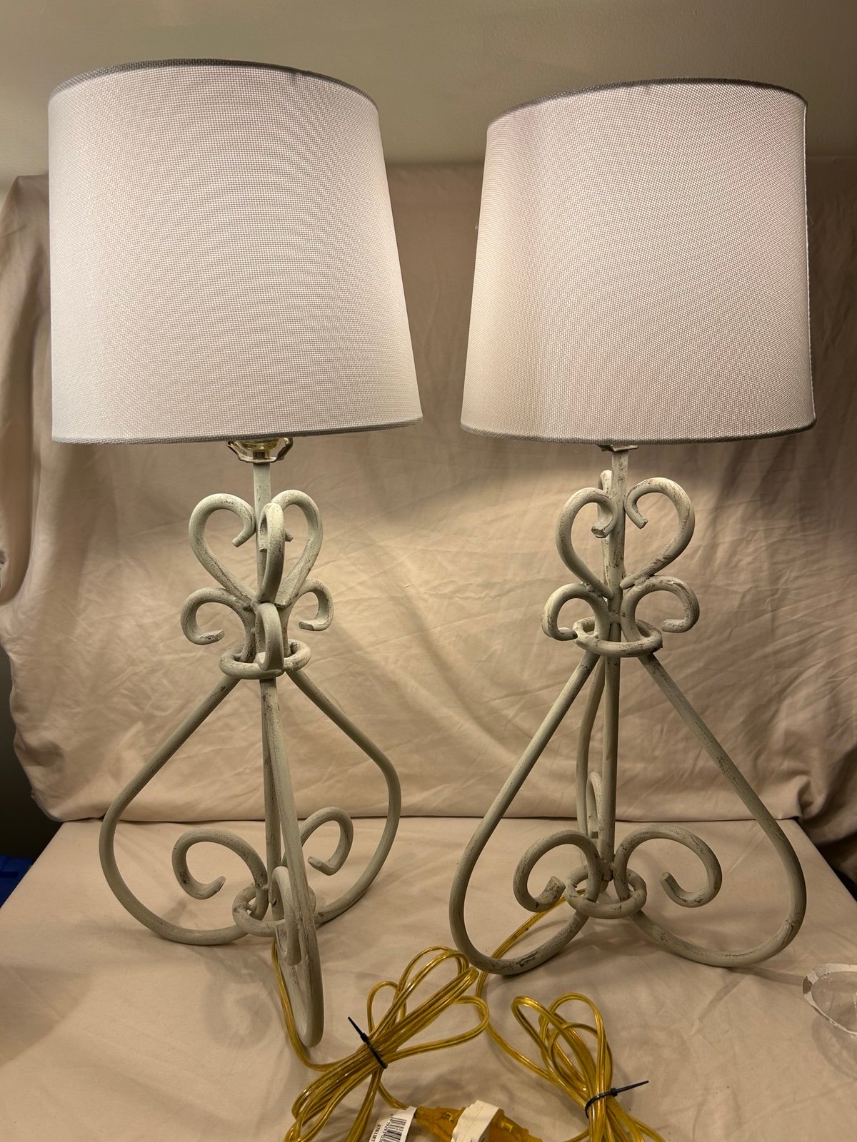 PAIR Tall Wrought Forged Iron Scrolled Table Lamps Antique White Finish Patio