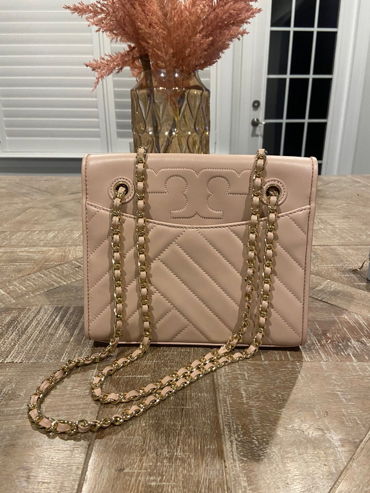 Tory Burch Light Pink Leather Studded Fleming Shoulder Bag