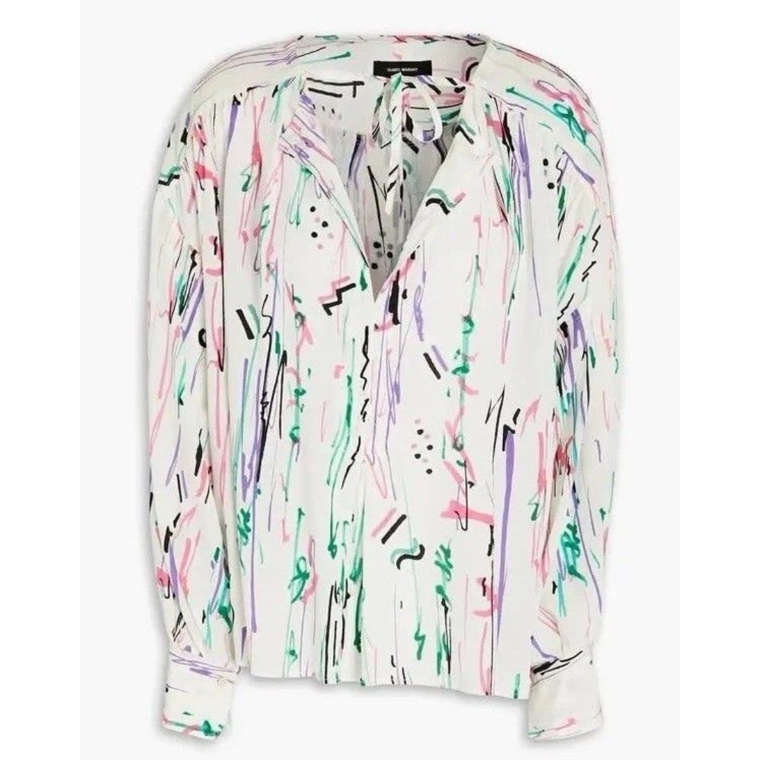 ISABEL MARANT Silk Amba Blouse Lightweight Top Sz 40 / 8 Ecru Printed Split Neck