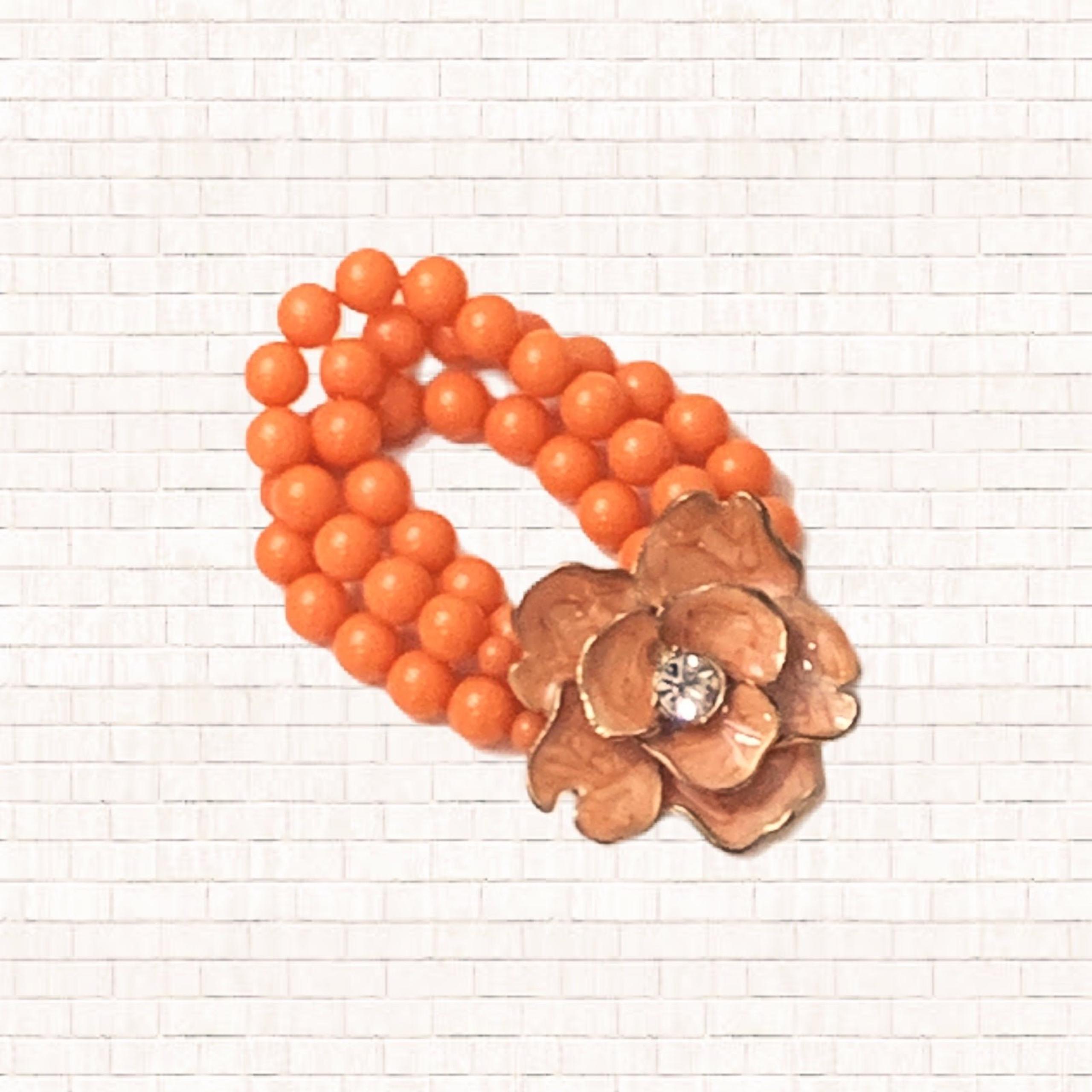 Charlotte Russe Orange Flower Bracelet • resin elastic beaded EUC OBO