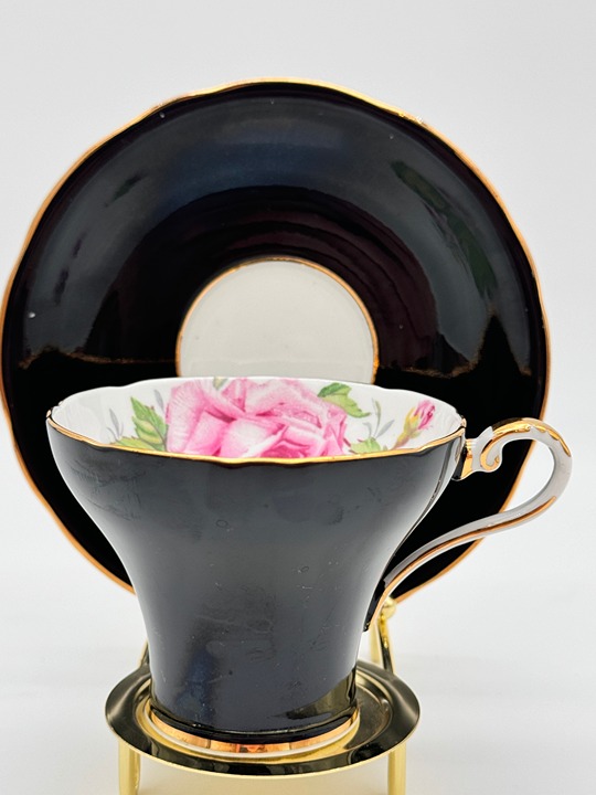 Aynsley Teacup & Saucer Floral Pink Cabbage Rose with Black Exterior