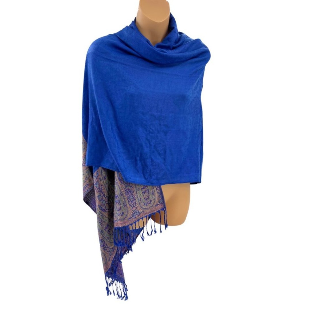 100% Pashmina fringe scarf blue soft large shawl evening luxury women’s