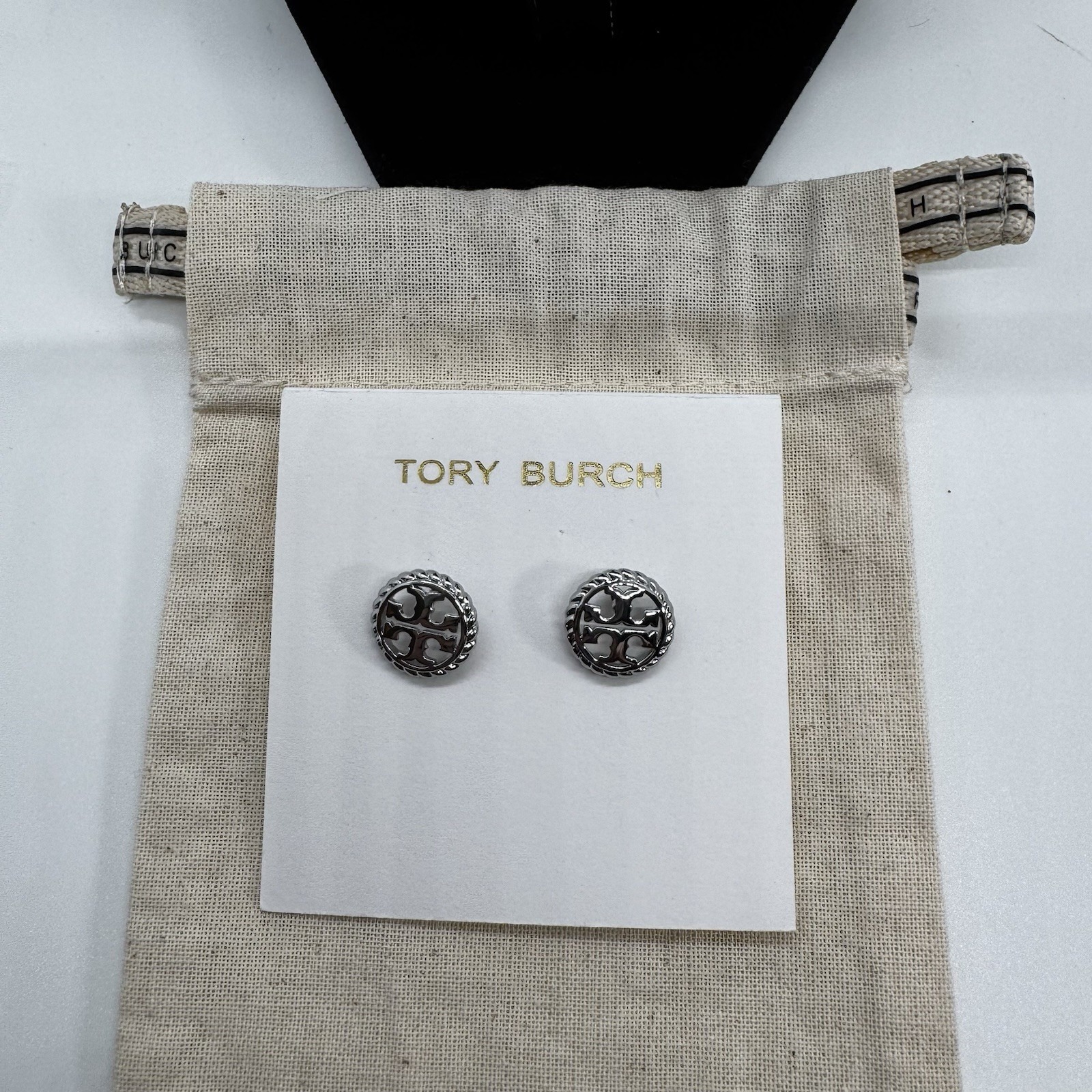 Tory Burch Miller Rope Logo Stud Earrings Silver & Dust Bag