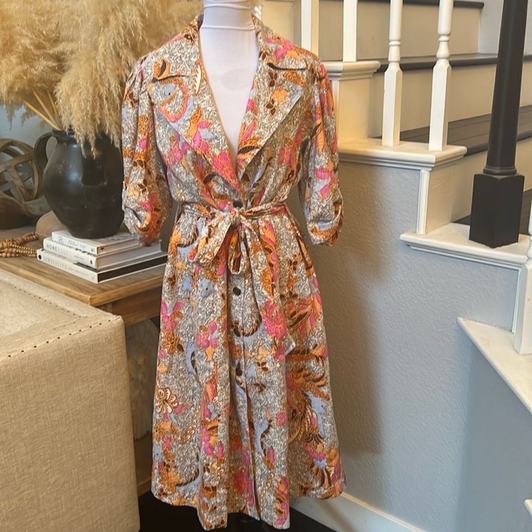 INC 3/4 Sleeve Printed Floral Norina Scene MIDI Button Down Linen Dress Size XL