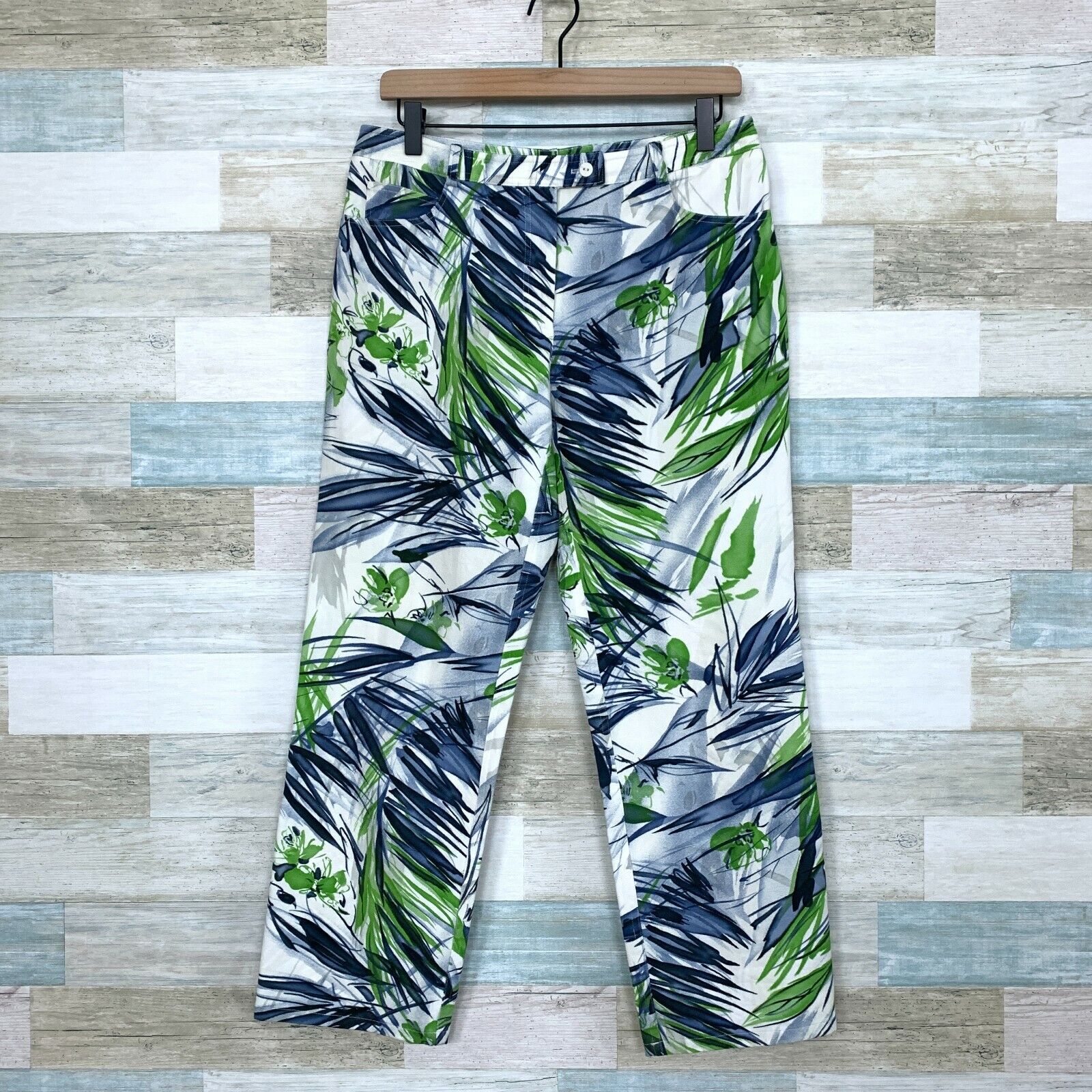 WORTH Tropical Cropped Pants White Blue Mid Rise Cotton Stretch Casual Womens 8
